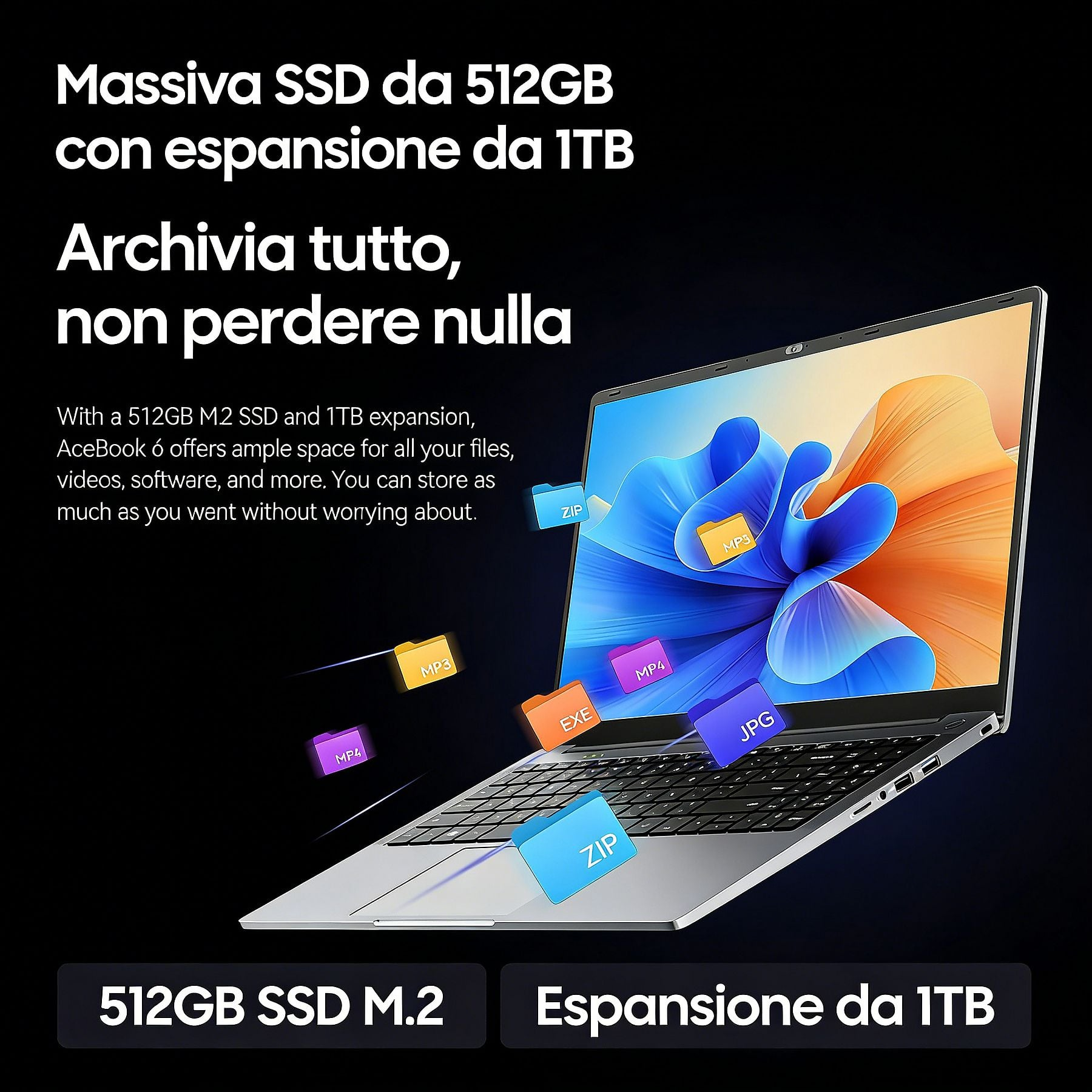 Un laptop con display colorato e cartelle fluttuanti.