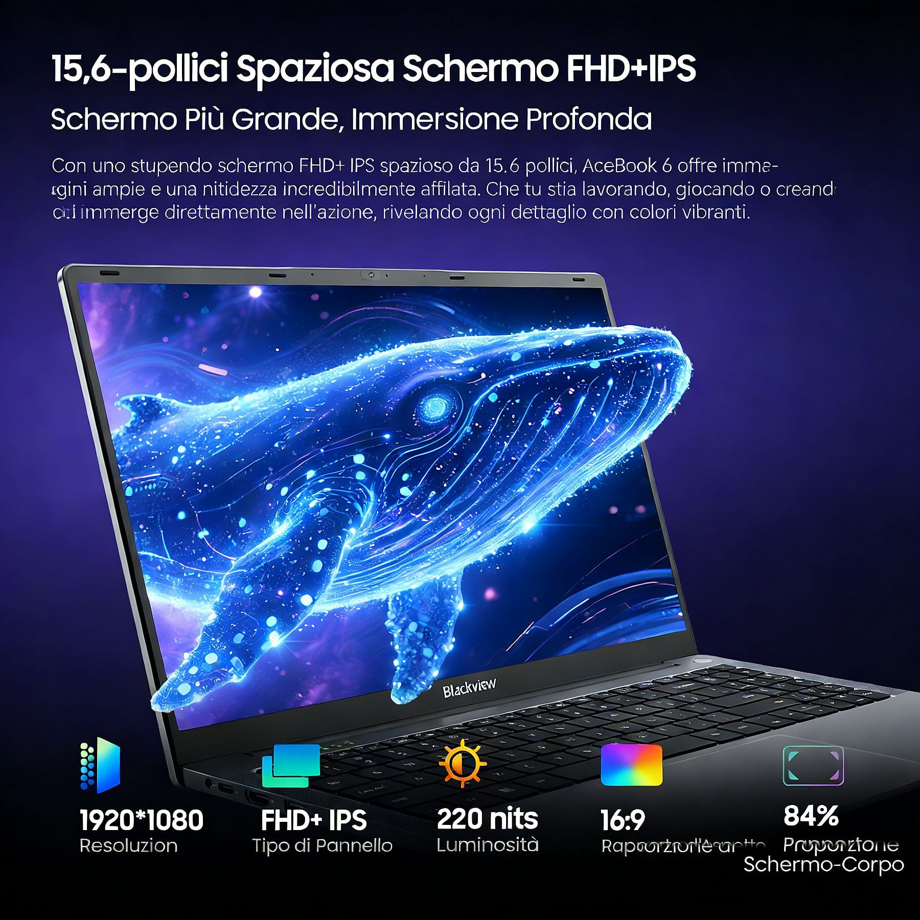 Un laptop mostra una balena blu luminosa sullo schermo. Specifiche in basso.