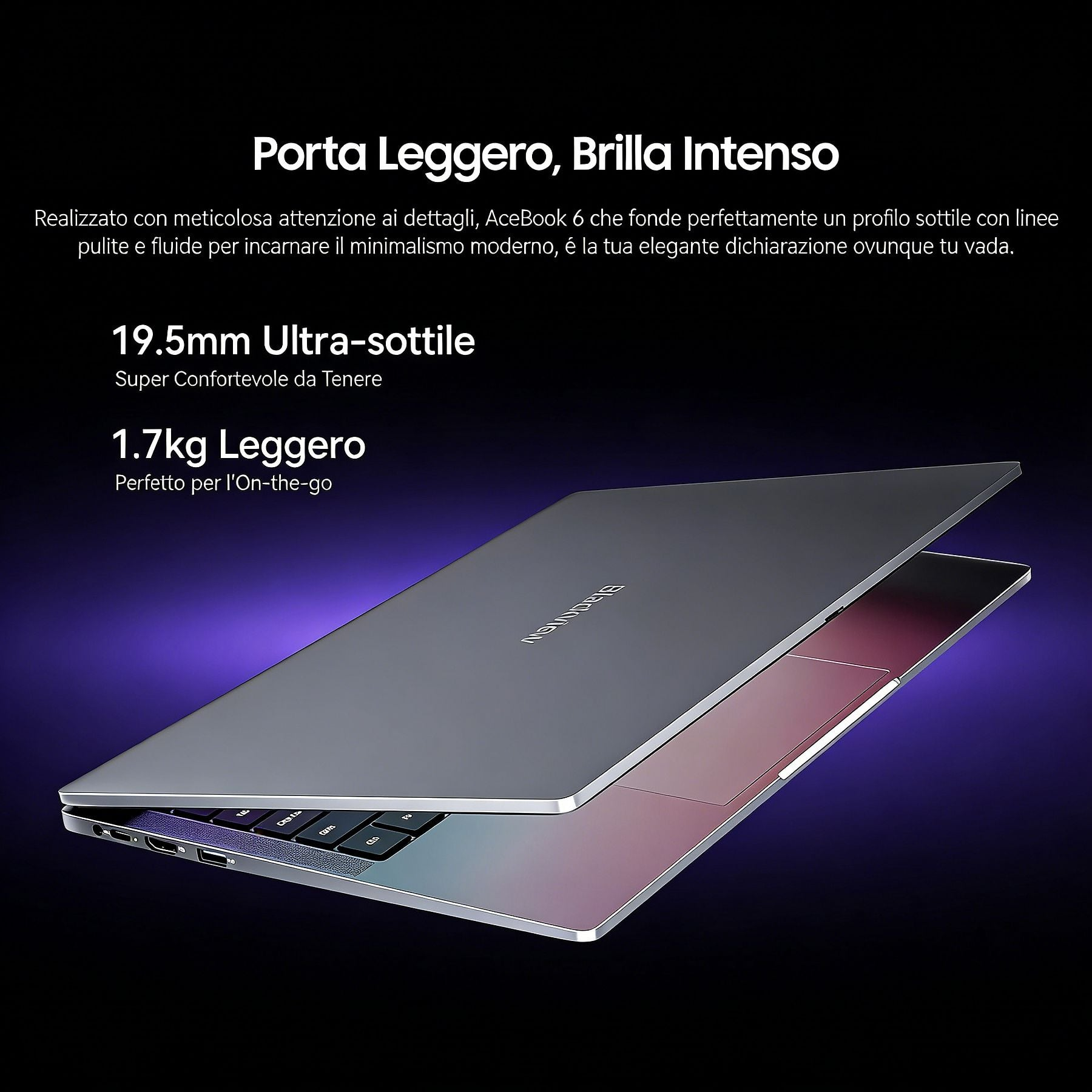 Un elegante laptop grigio con tastiera retroilluminata, coperchio aperto, su sfondo viola.
