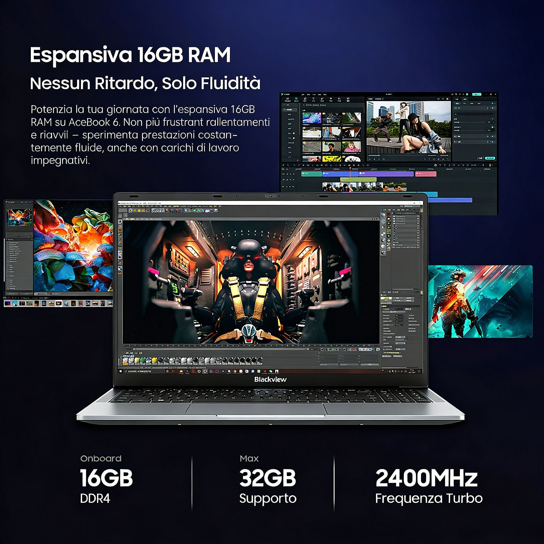 Un laptop con tre schermi che mostrano software di editing video e grafica.