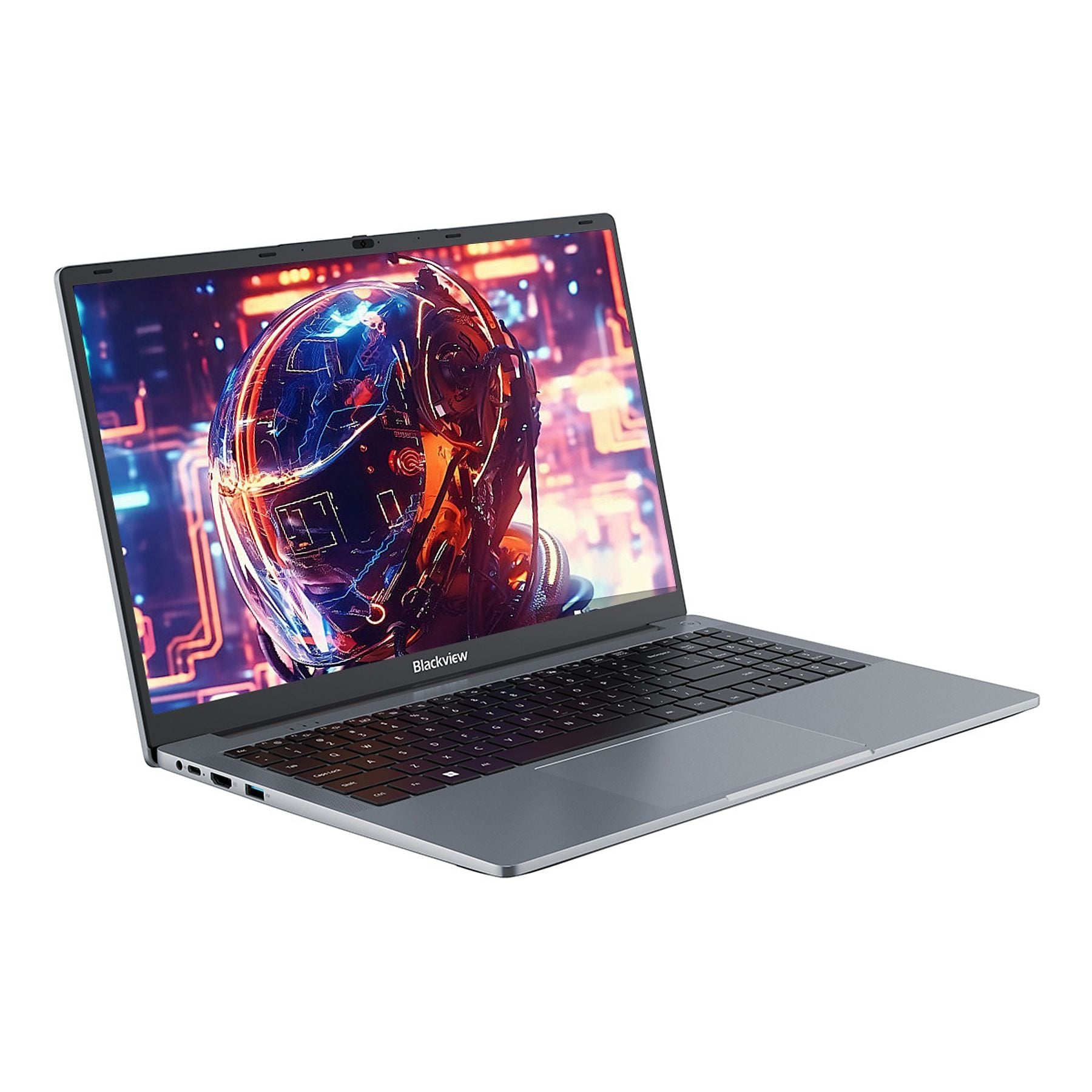 Un laptop aperto con uno sfondo astratto e illuminato sullo schermo.