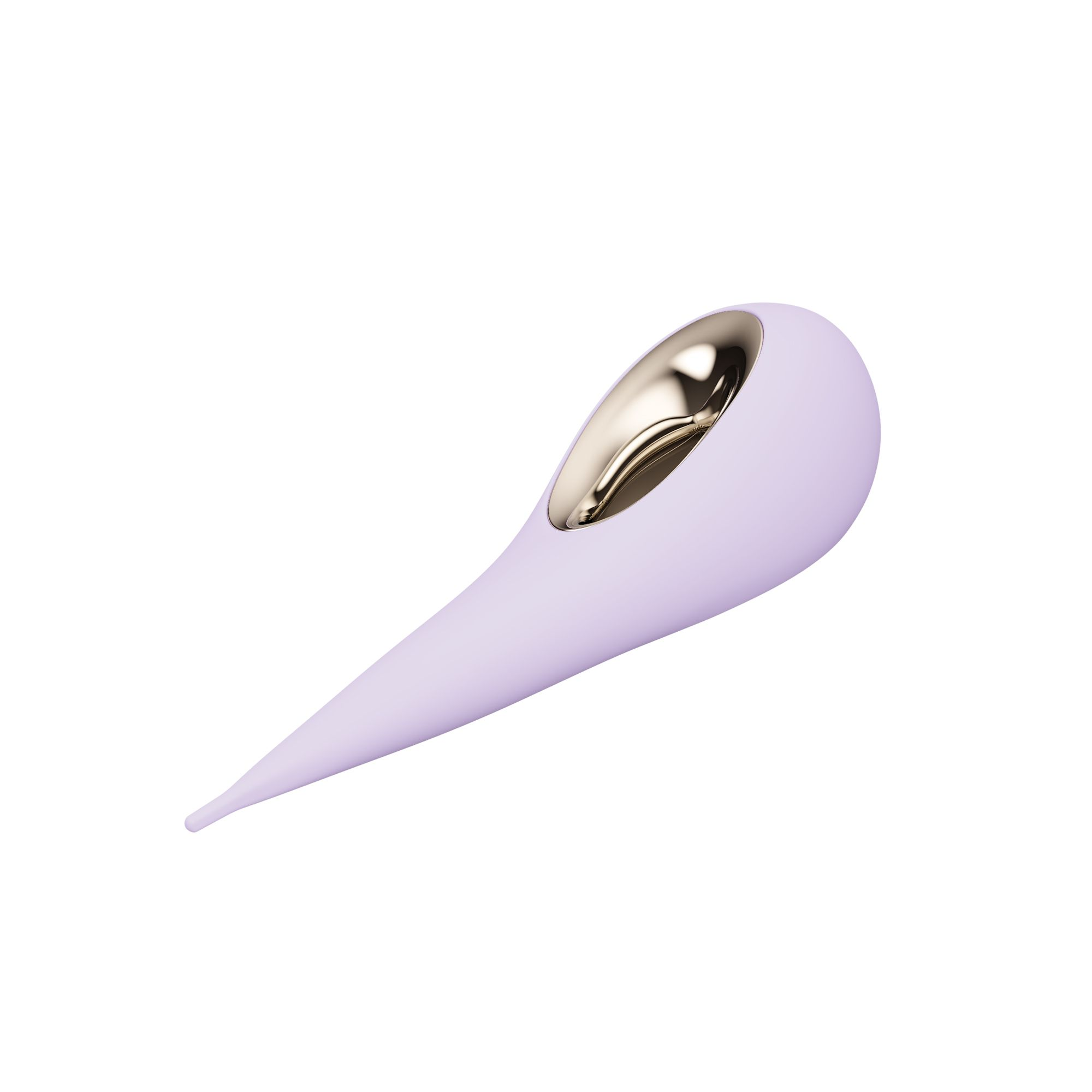 Un objeto de color lavanda con inserción dorada, con forma de lágrima.