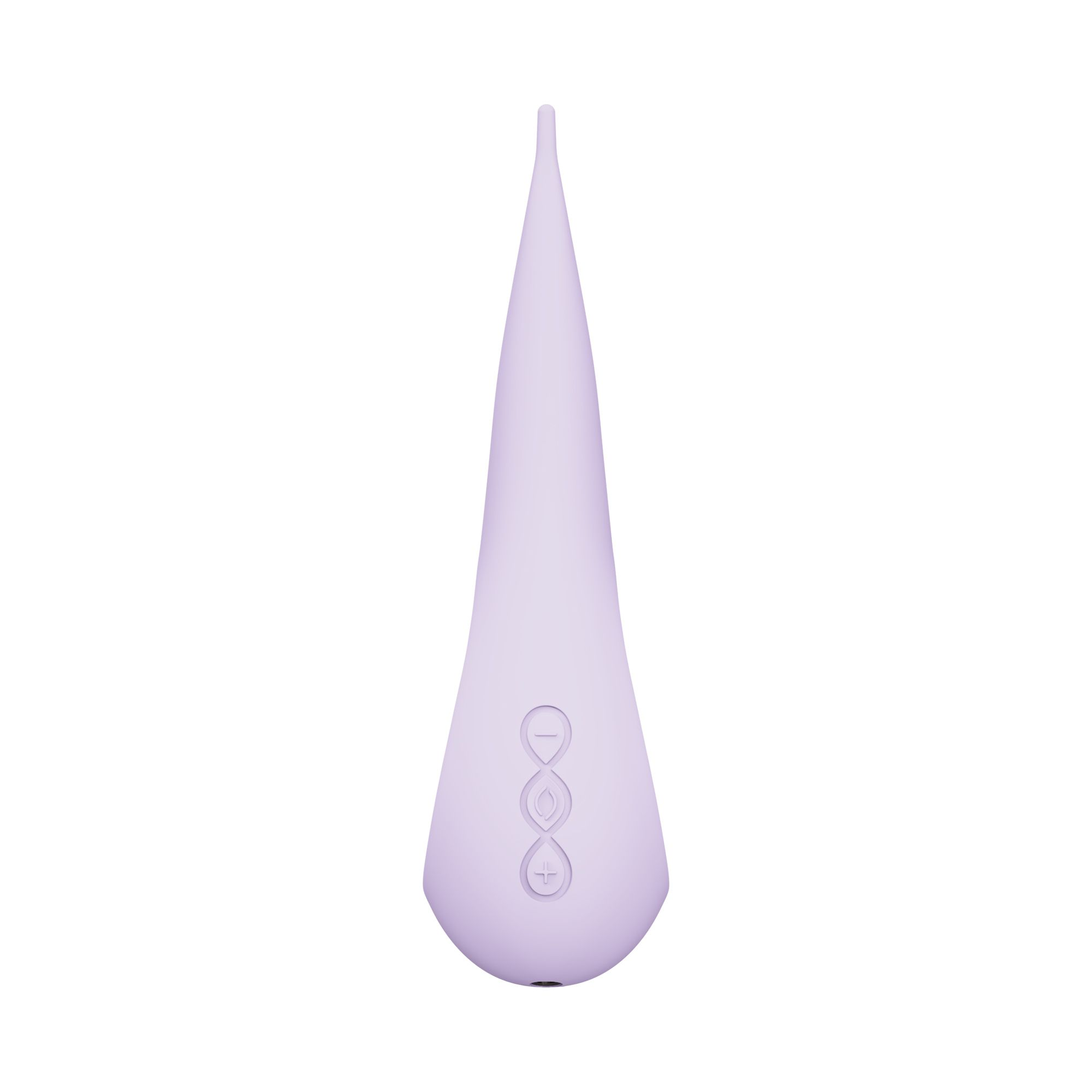 Un vibrador lavanda con forma de lágrima y botones de control.