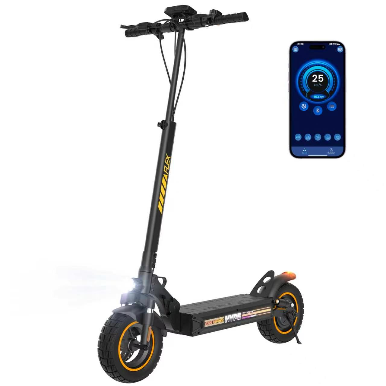 Un monopattino elettrico nero con accenti gialli e uno smartphone che mostra la velocità.