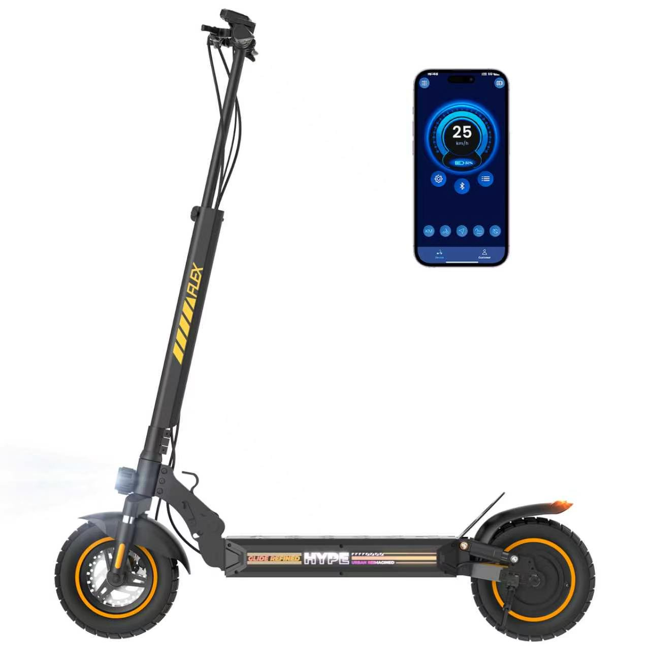 Monopattino elettrico nero con accenti gialli e un telefono che mostra un'app a 25 km/h.