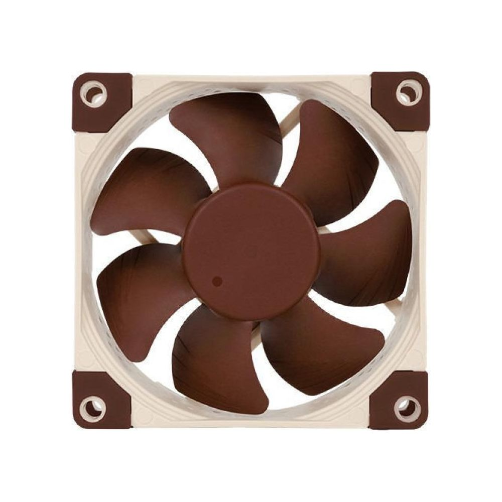A brown computer fan with seven blades and a beige frame.