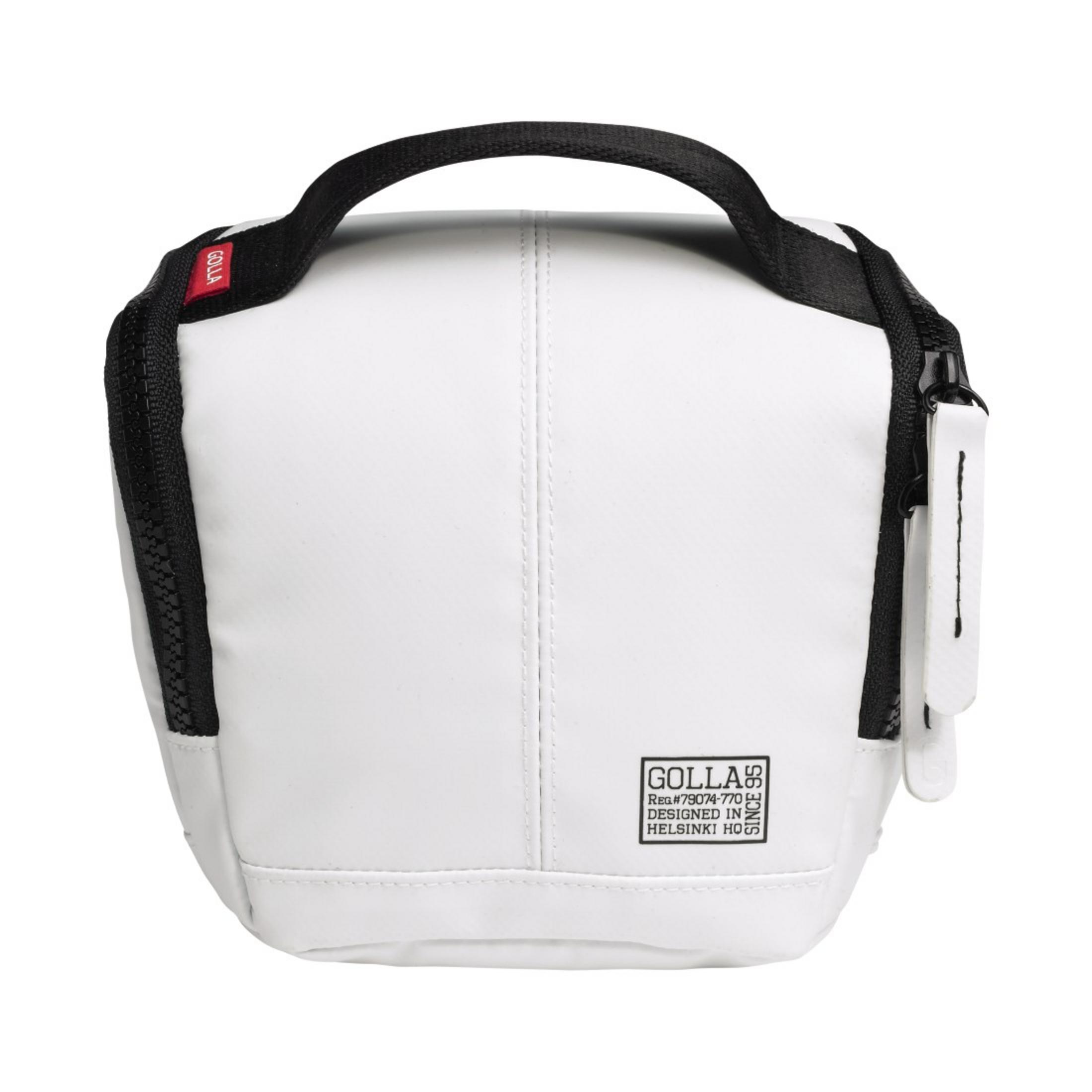 Witte Golla tas met zwart handvat en ritssluiting.