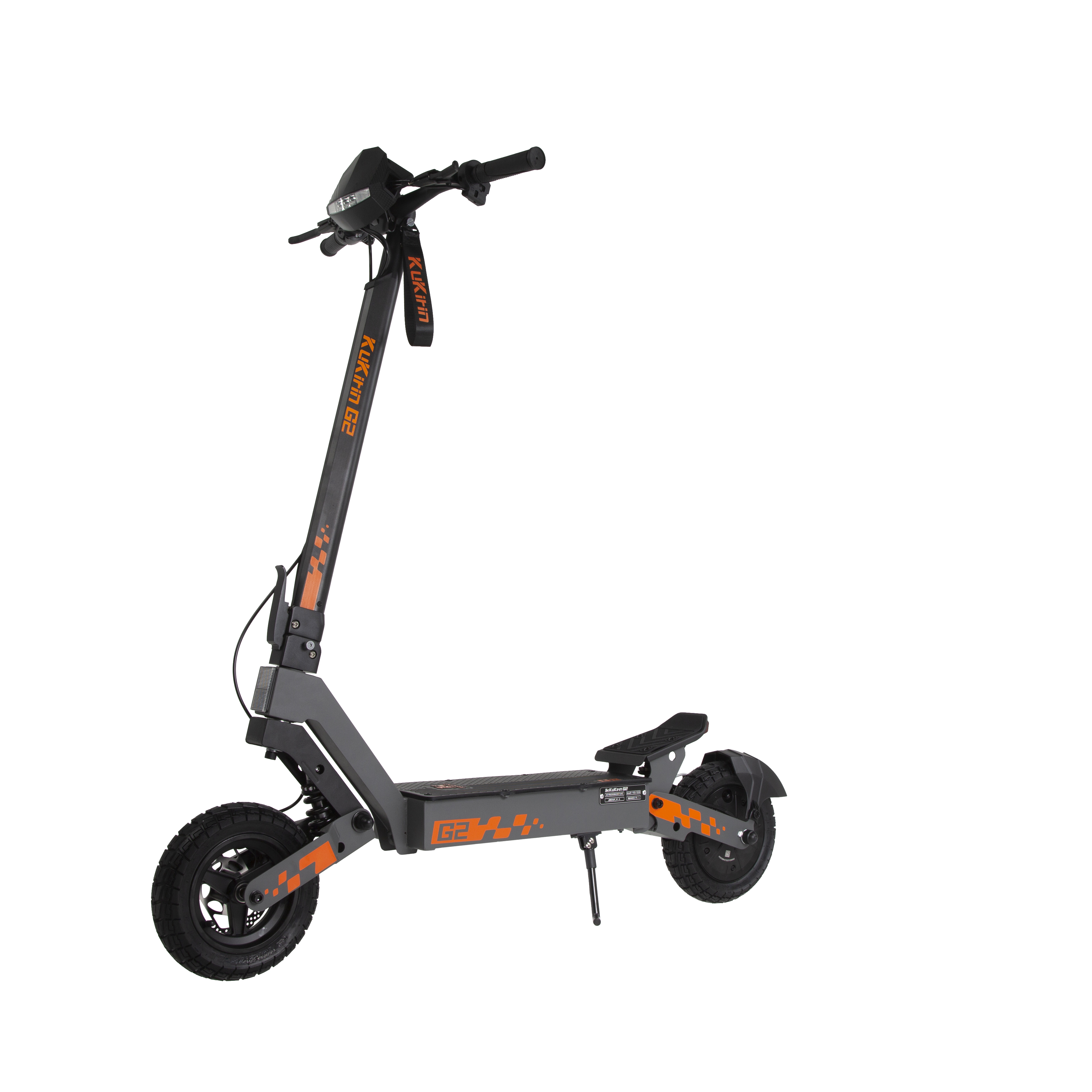 Uno scooter elettrico grigio con accenti arancioni e pneumatici neri su sfondo bianco.