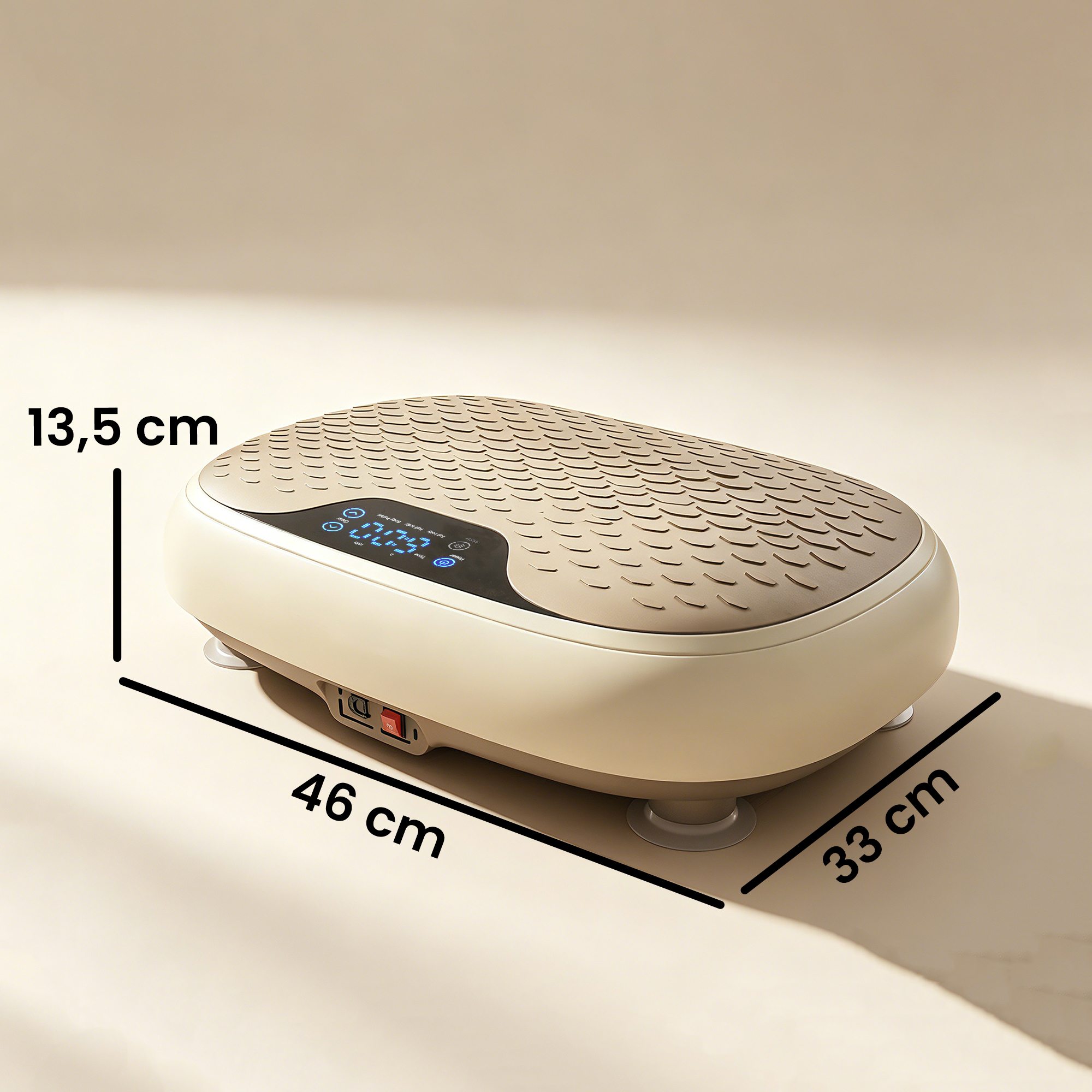 Placa vibratoria beige con pantalla, dimensiones 46x33x13,5 cm.