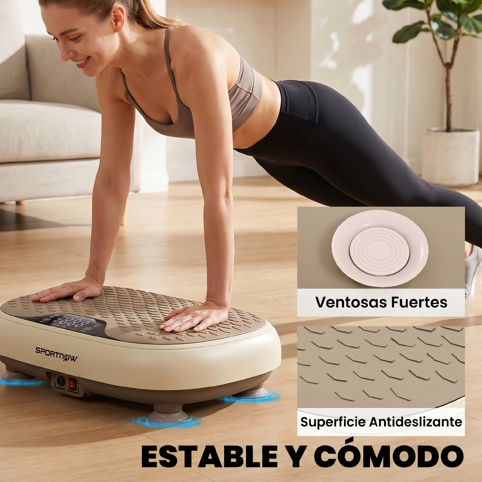 Una mujer con ropa deportiva hace plancha sobre una placa vibratoria.