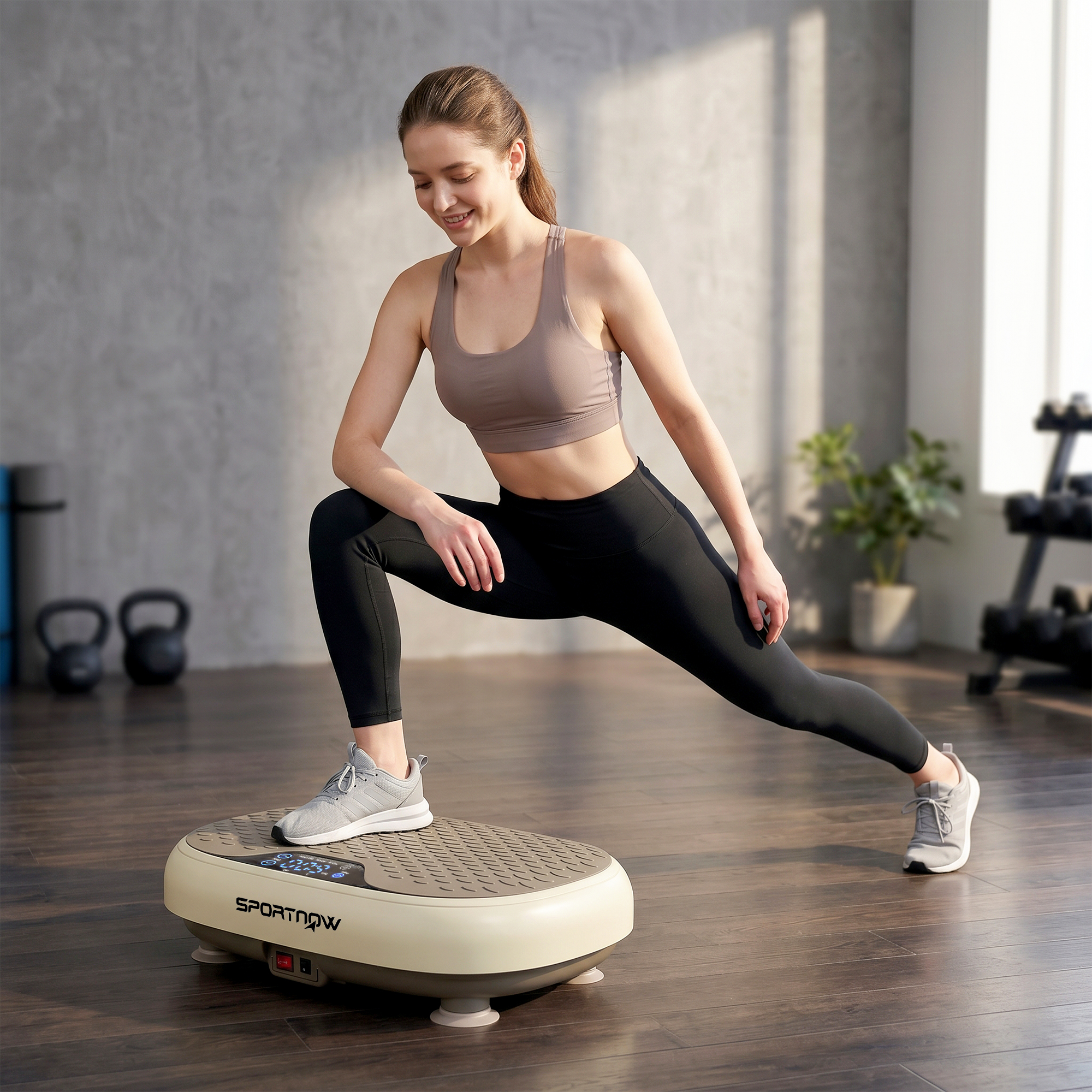 Mujer estirándose en plataforma vibratoria en gimnasio con pesas y plantas.