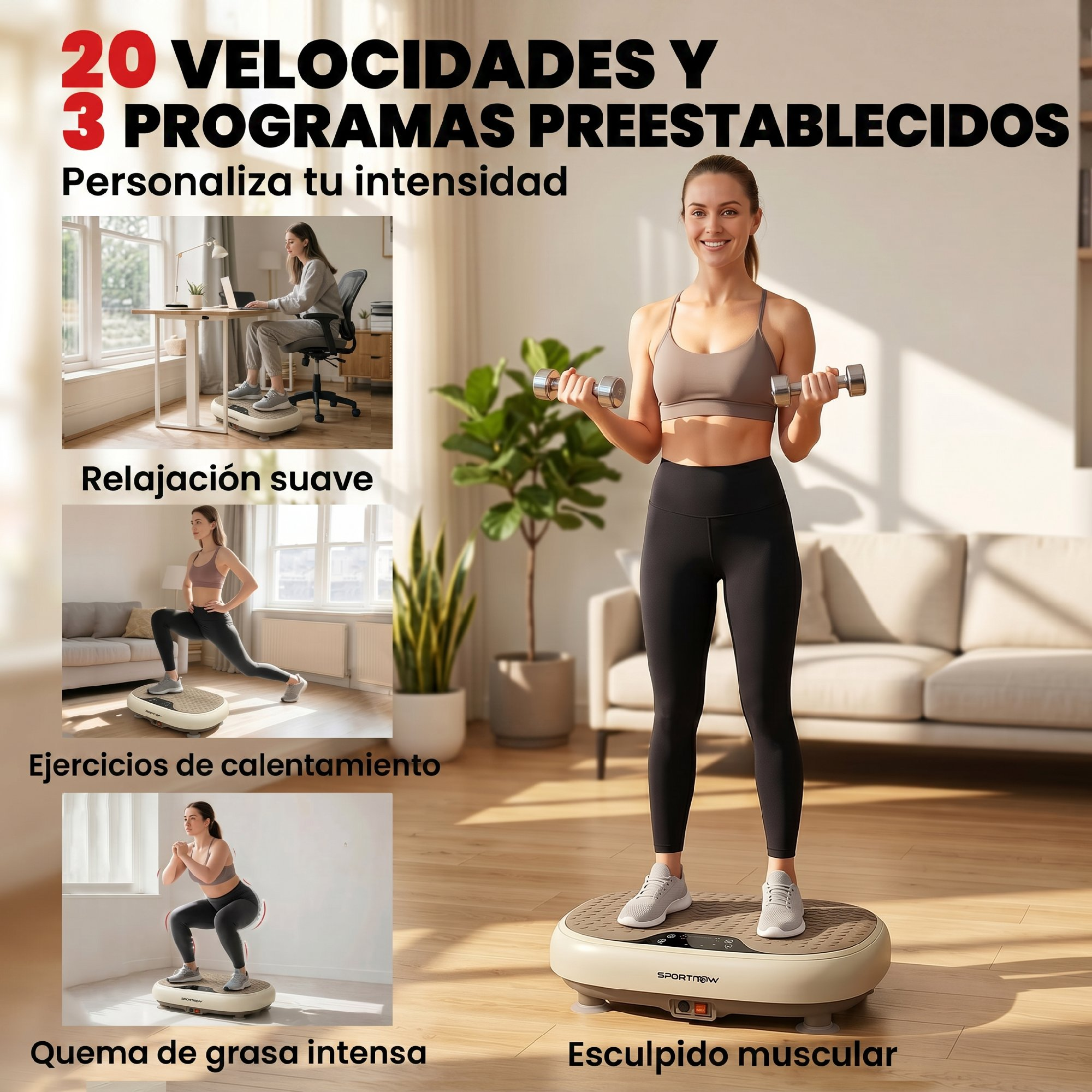 Mujer con mancuernas en plato vibratorio, junto a tres imágenes más pequeñas de ejercicios.