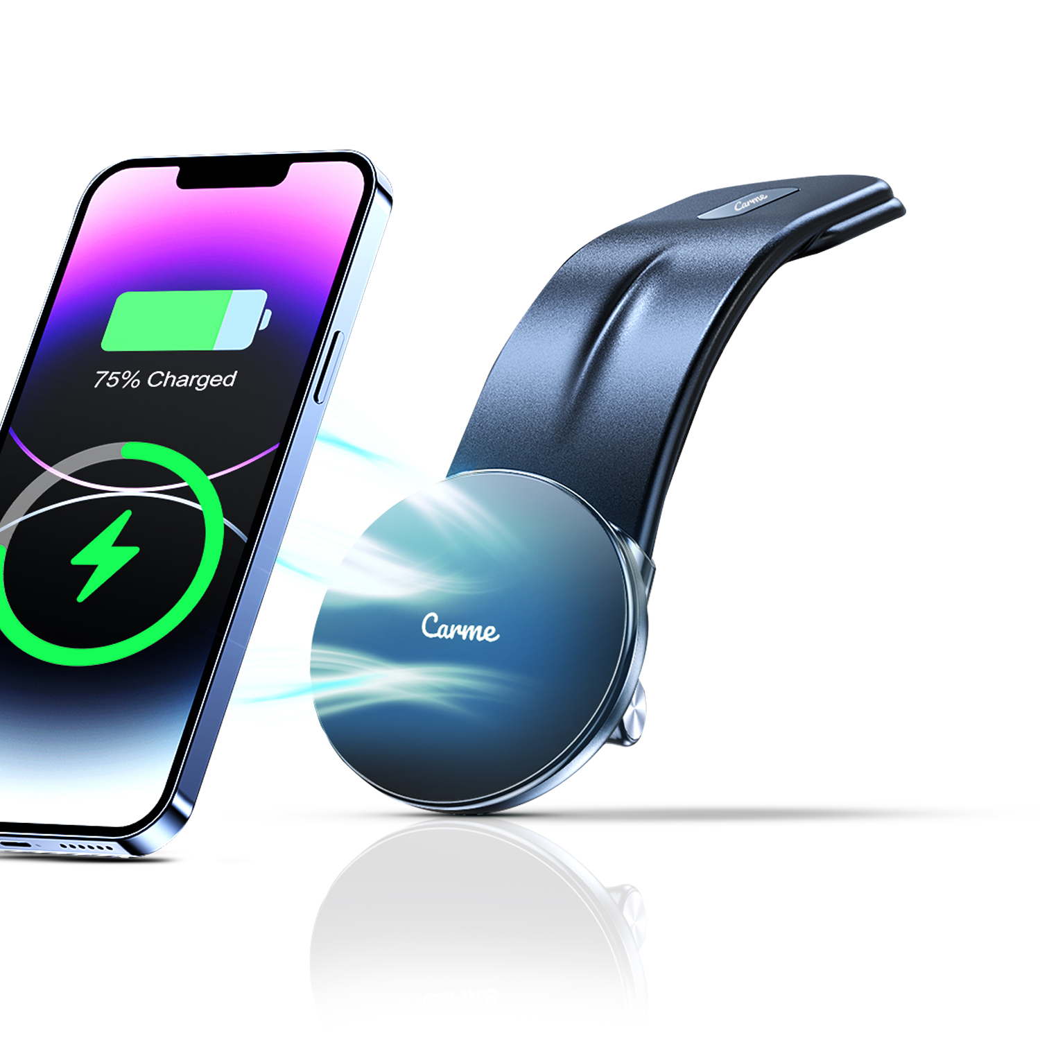 Een smartphone met 75% batterij wordt draadloos opgeladen door een blauwe autohouder.