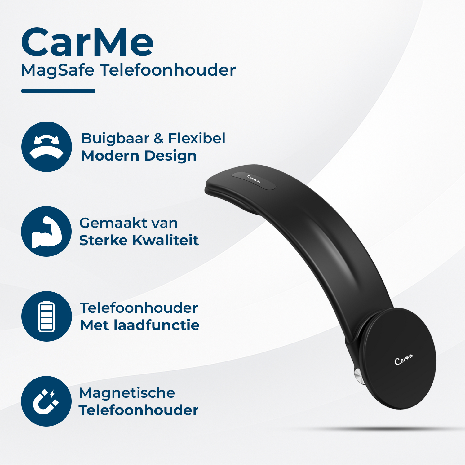 Zwarte CarMe MagSafe telefoonhouder, flexibel en magnetisch.