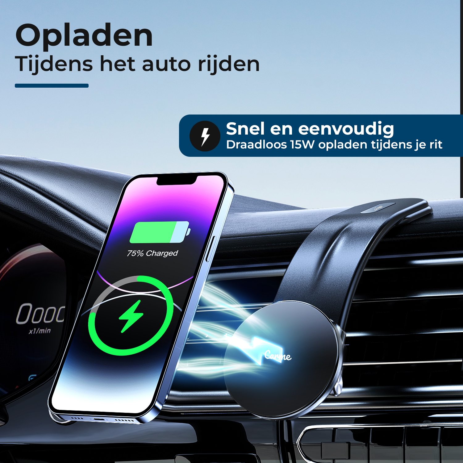 Een smartphone laadt draadloos op, gemonteerd op het dashboard van een auto.