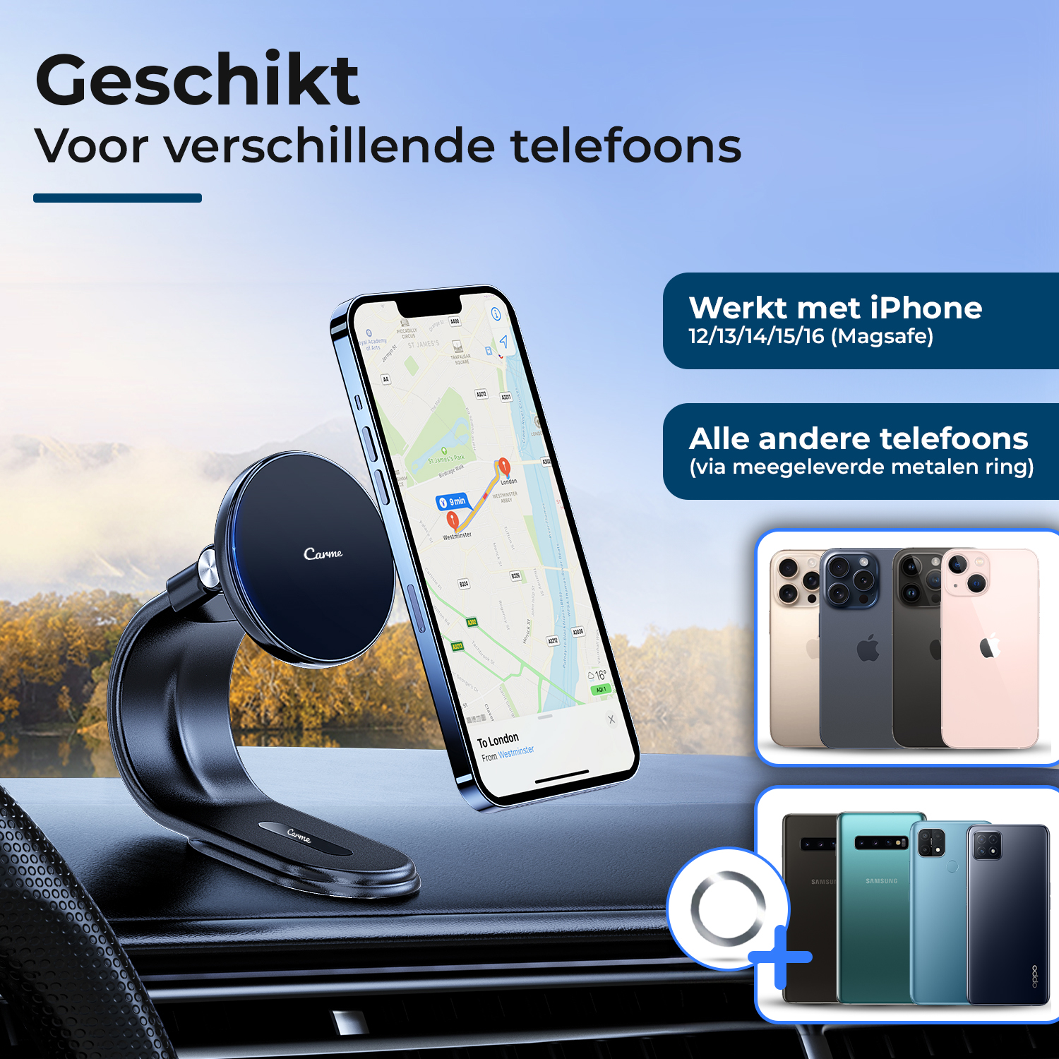 Een zwarte autohouder met een iPhone die een navigatie-app toont. iPhones en Android-telefoons worden ernaast getoond.