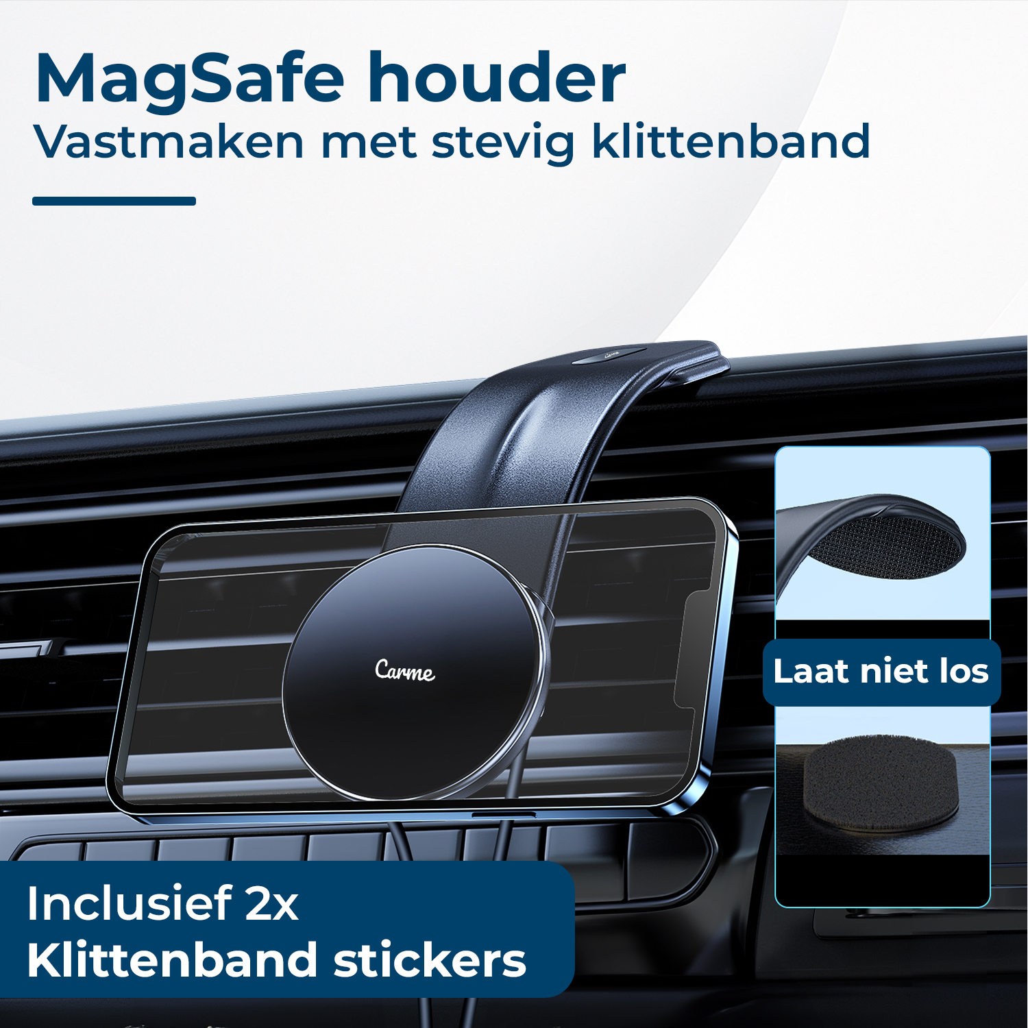 MagSafe autohouder met klittenband en telefoon. Inclusief 2 klittenbandstickers.