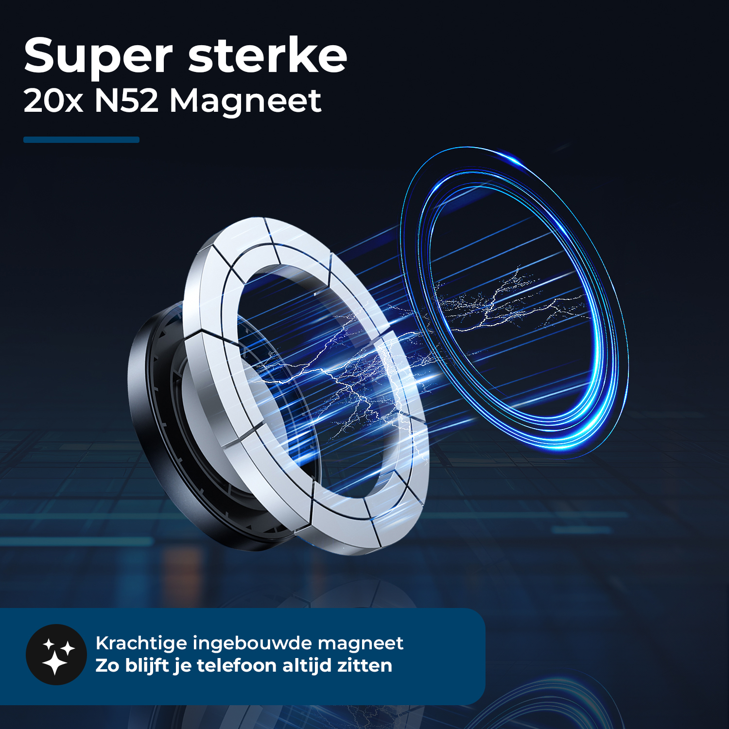 Sterke magneetring met blauwe energielijnen en tekst.