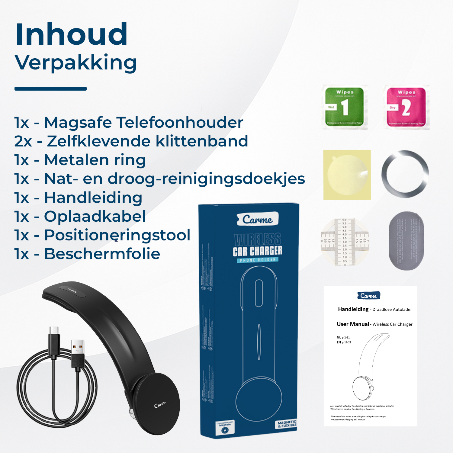 Inhoud verpakking: Magsafe telefoonhouder, klittenband, metalen ring, reinigingsdoekjes, handleiding, kabel.