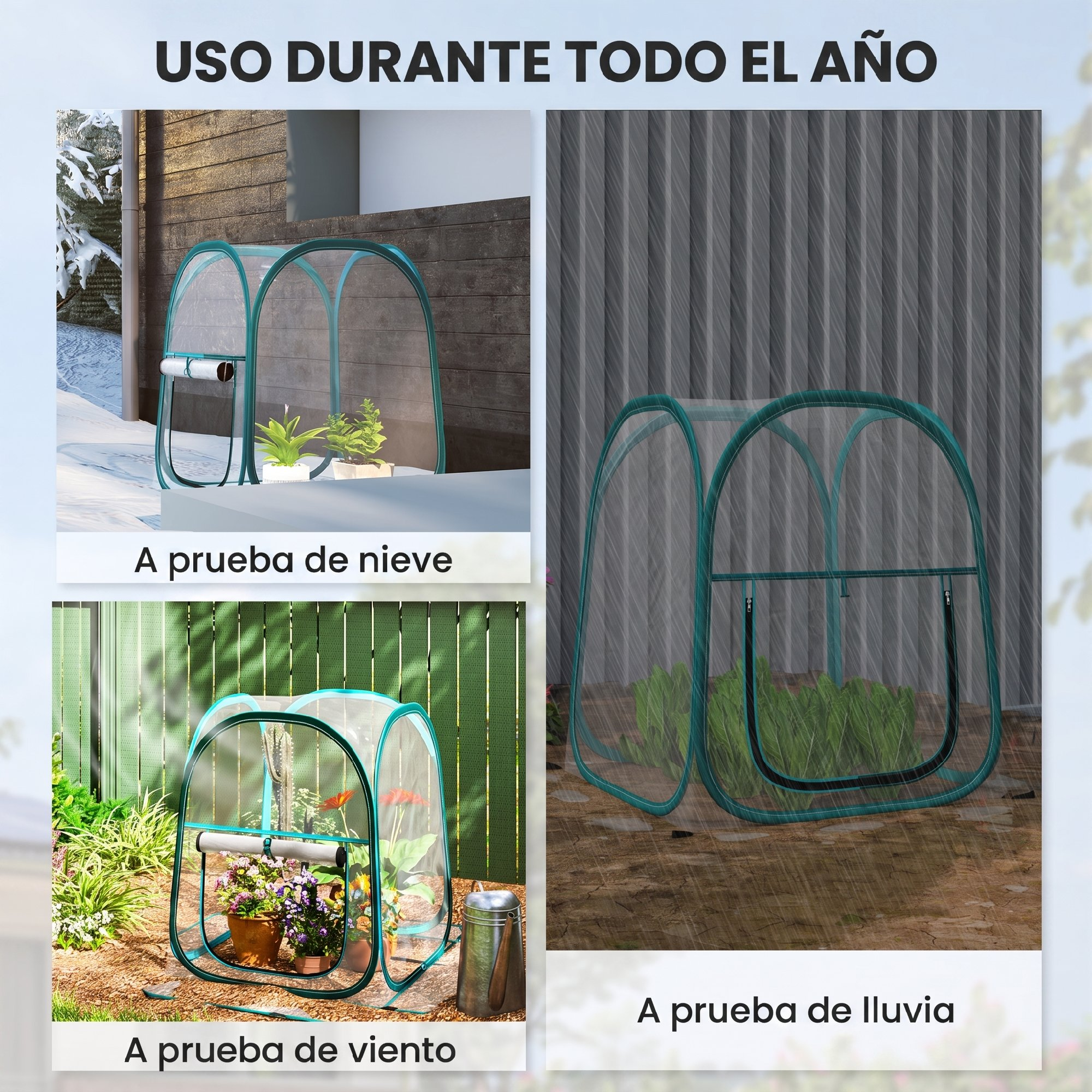 Invernadero para todo el año: visto con nieve, viento y lluvia.