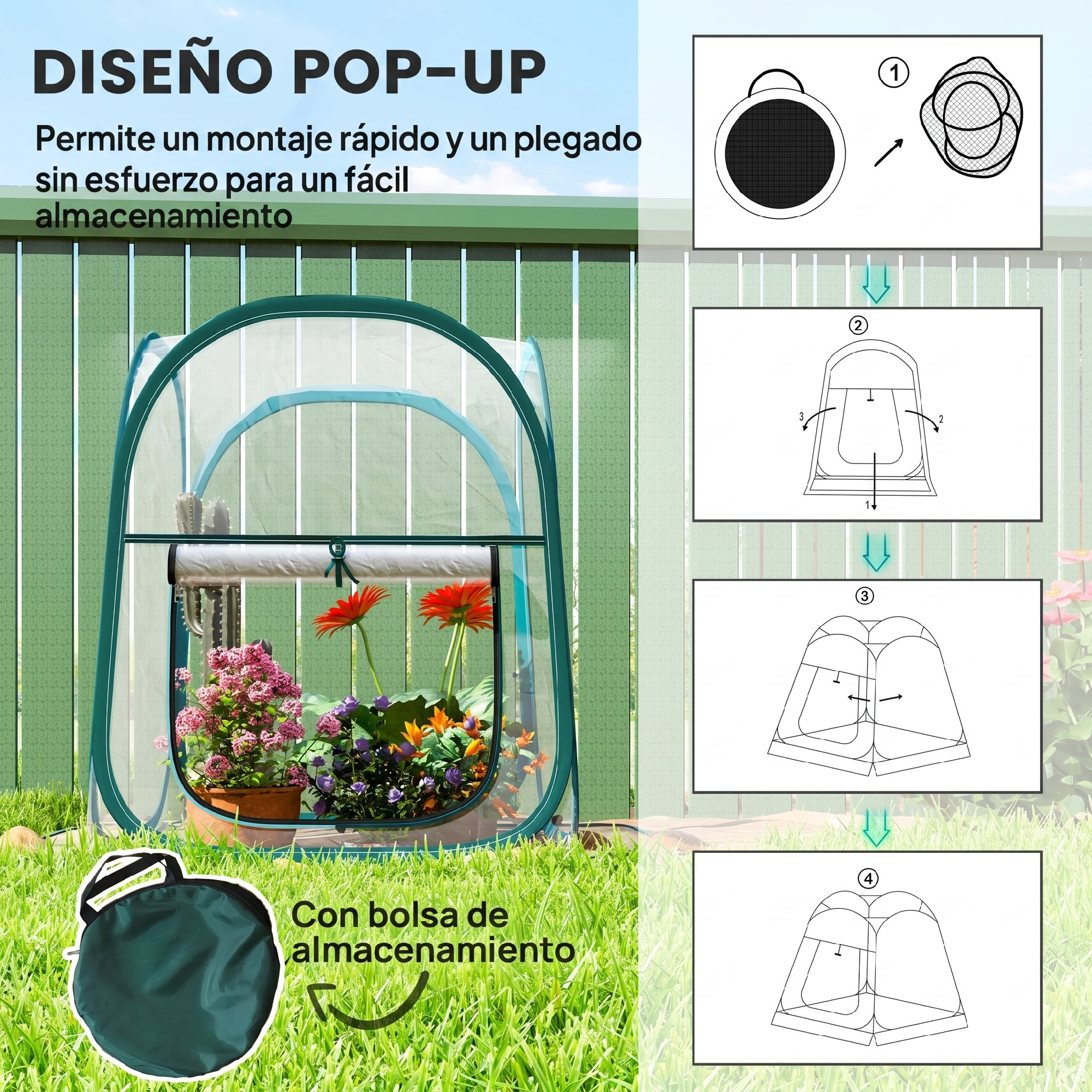 Un invernadero pop-up con flores e instrucciones de montaje.