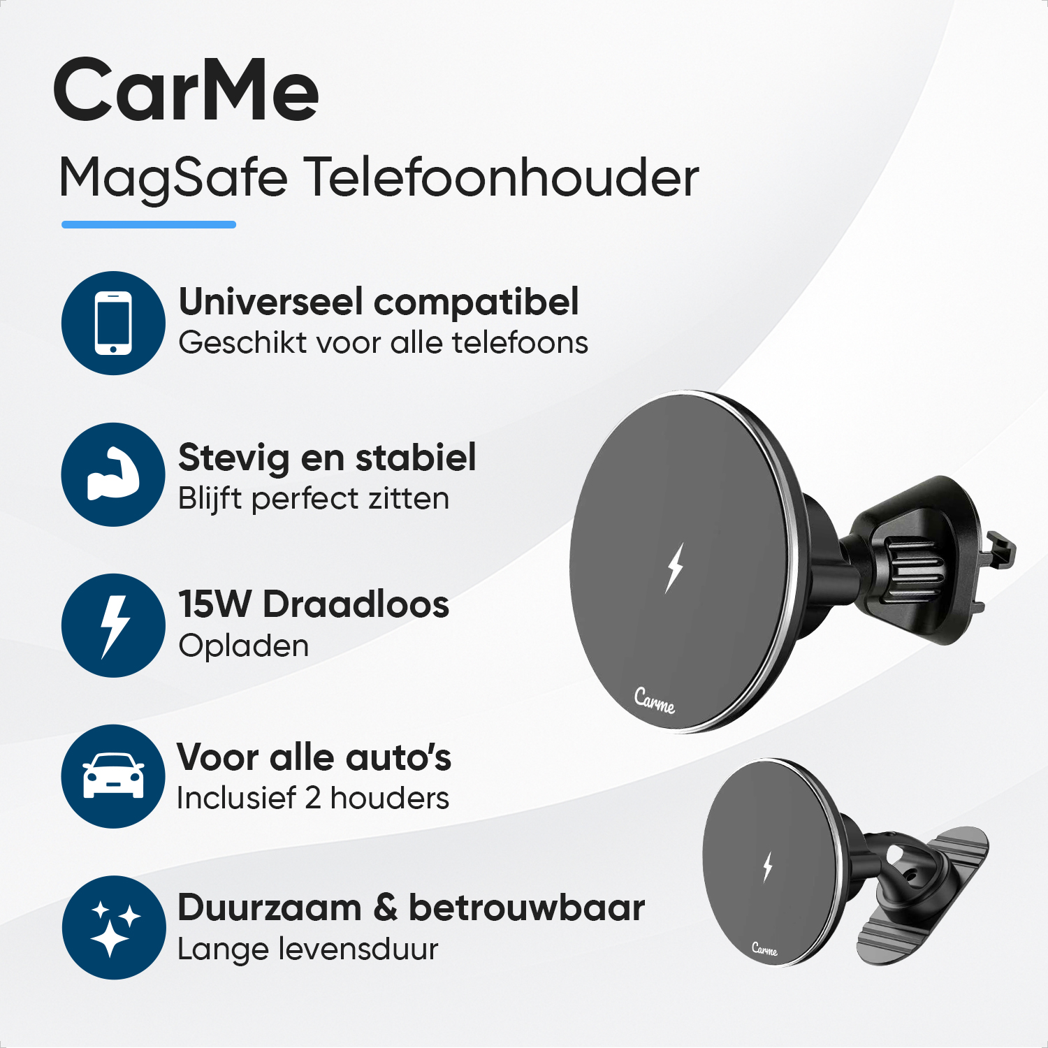CarMe MagSafe phone holder with 4 features: universal, stable, 15W charging, for all cars.