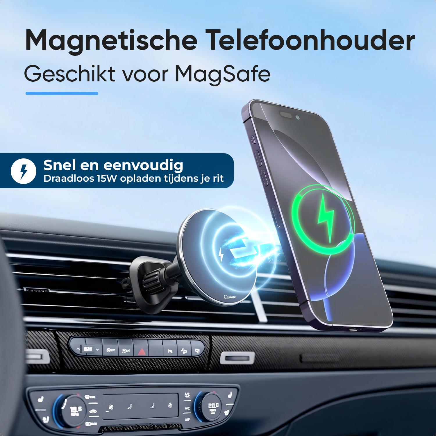 Magnetic phone holder for MagSafe, charges 15W wirelessly in car.