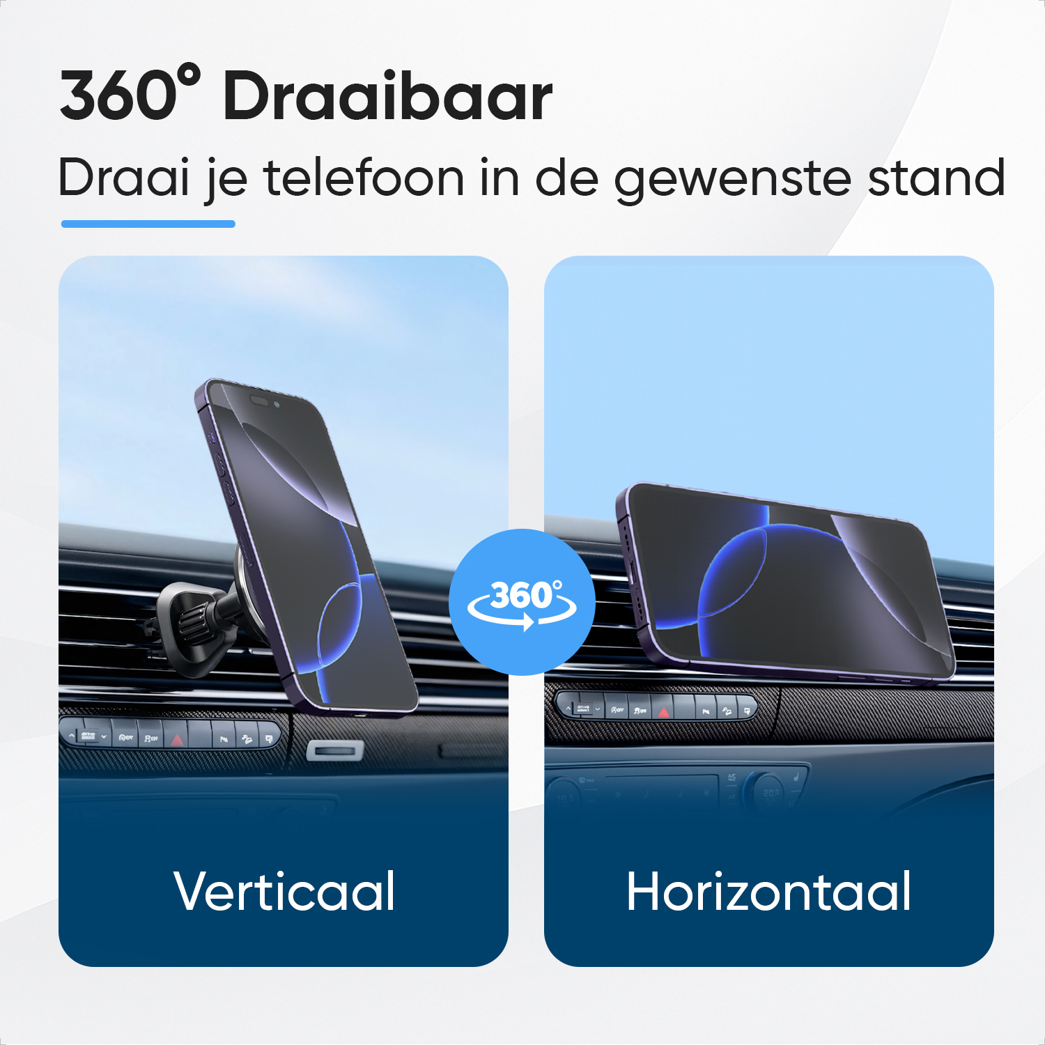 A car phone mount shows vertical and horizontal placement.