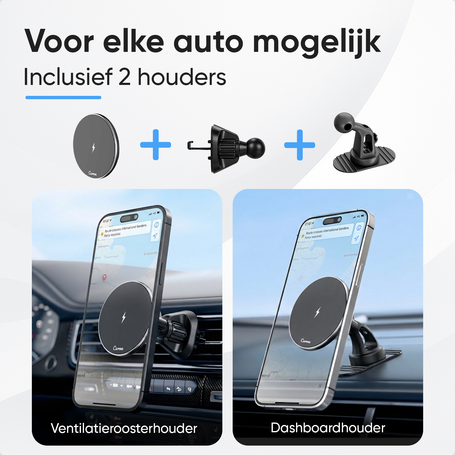 Wireless car charger mount with vent and dashboard holder options.
