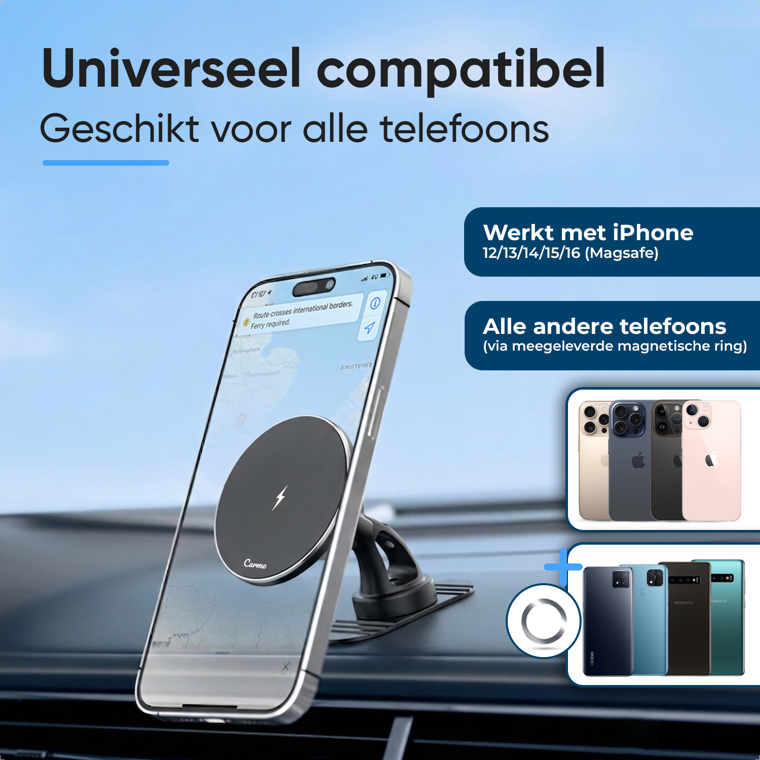 A car phone mount displaying iPhones and Android phones.
