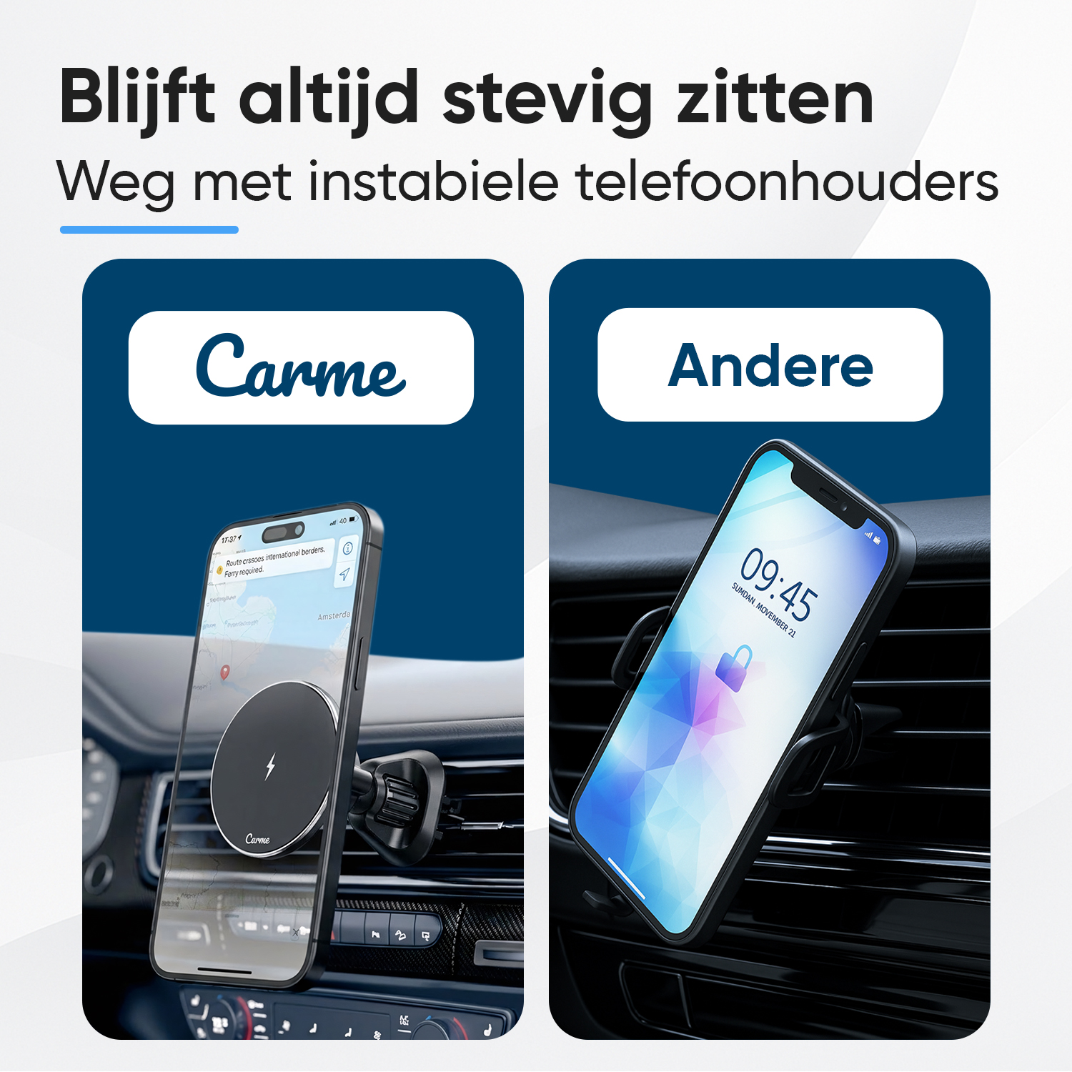 Two car phone holders shown: one labeled 'Carme', the other 'Andere'.