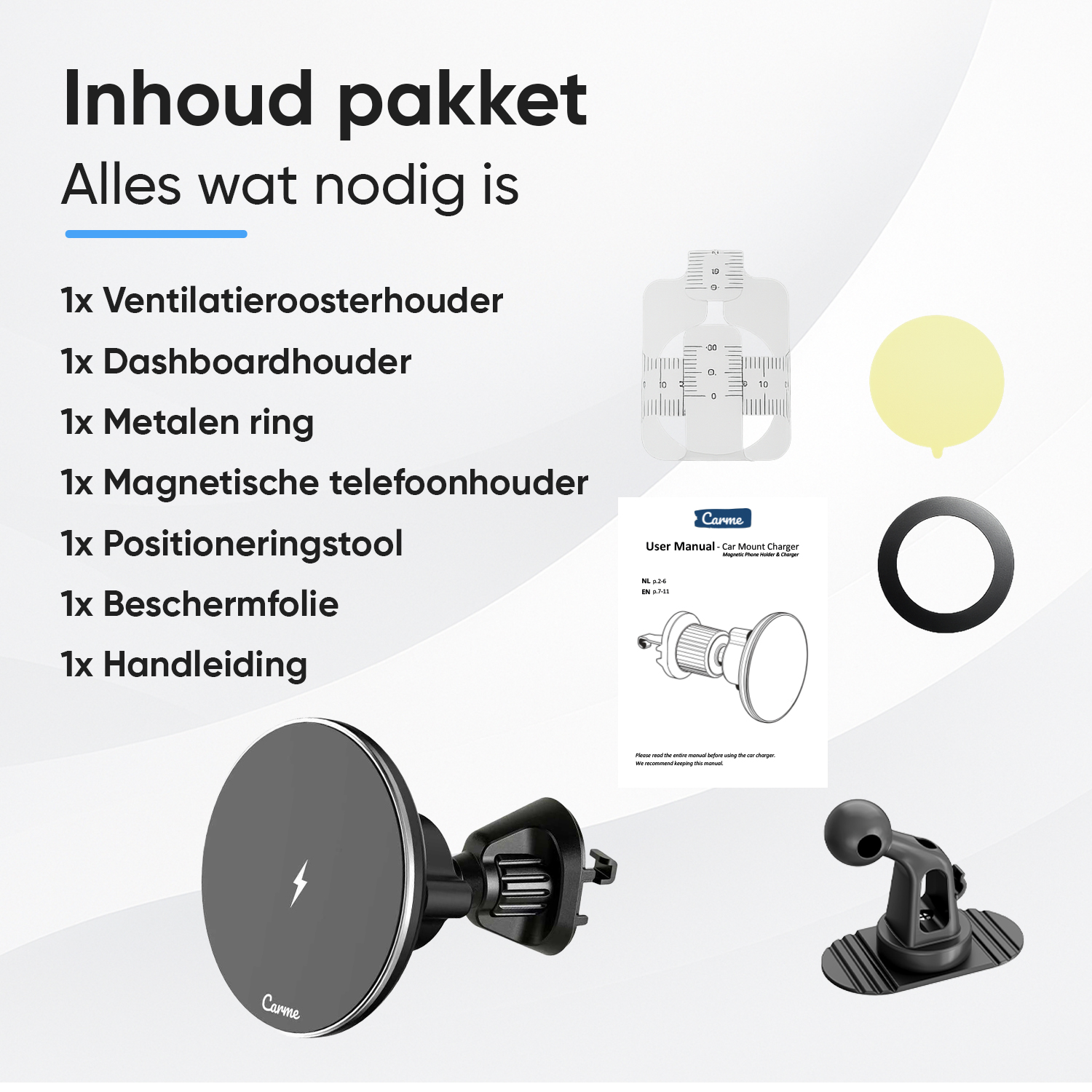 Package contents: car mount, metal ring, screen protector, manual.