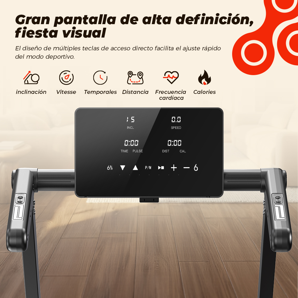 La consola de la cinta muestra métricas de inclinación, velocidad, tiempo, distancia y calorías.