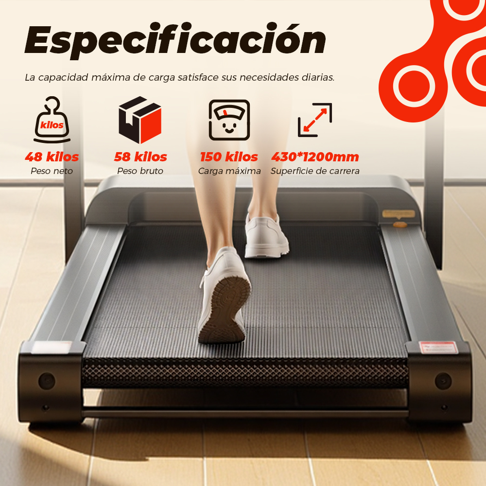Persona corriendo en cinta con gráficos de especificaciones: 48 kg neto, 58 kg bruto, 150 kg máx.