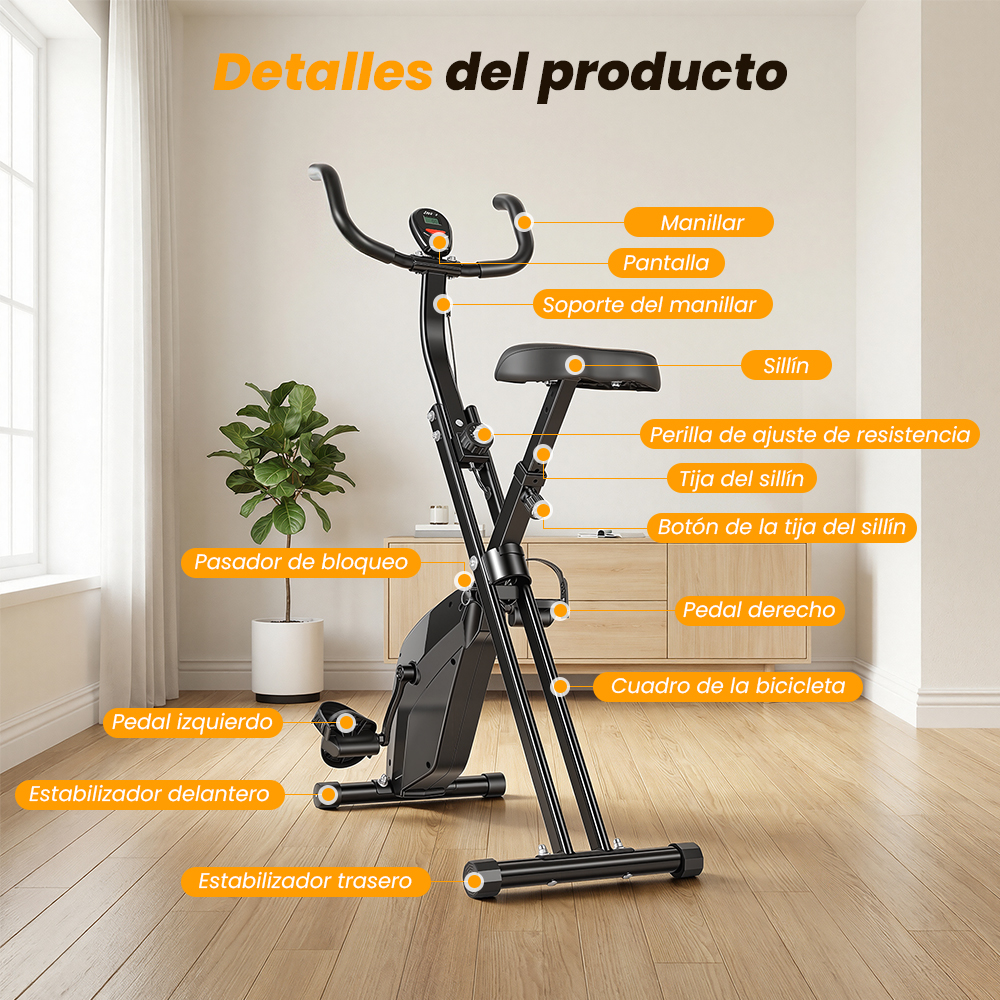 Una bicicleta de ejercicio plegable negra con etiquetas para manillar, asiento, pedales y marco.
