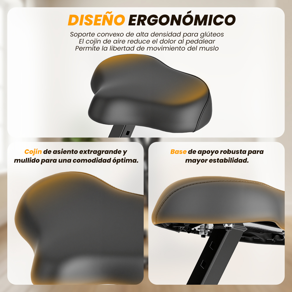 Asiento ergonómico de bicicleta con cojín ancho y acolchado y base robusta.