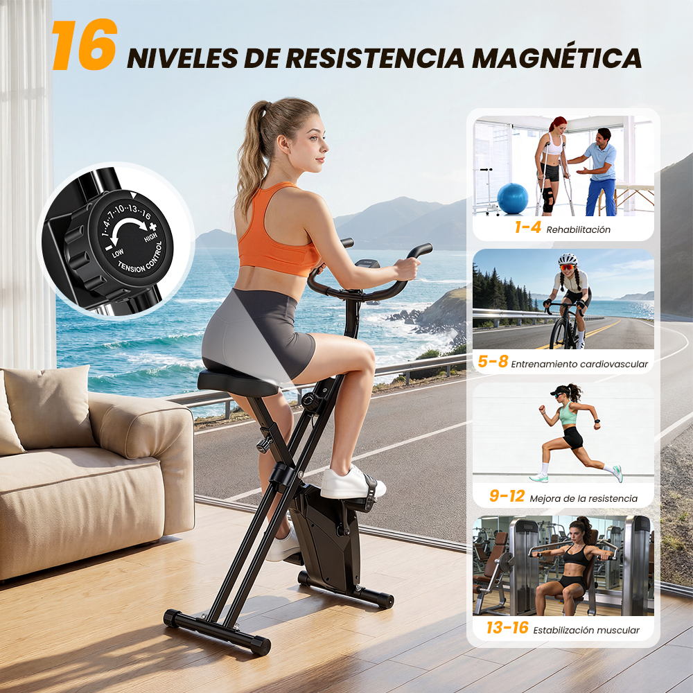 Una mujer en bicicleta estática con 16 niveles de resistencia, se muestran varios entrenamientos.