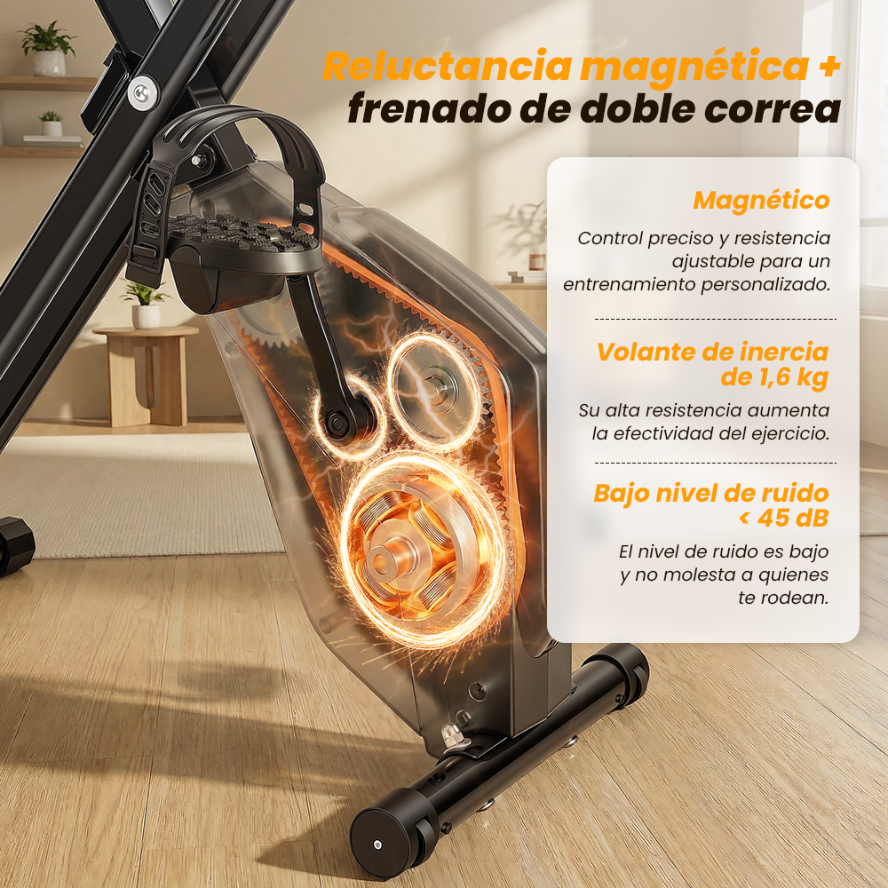 Primer plano del mecanismo interno de una bicicleta estática con engranajes y correas visibles.