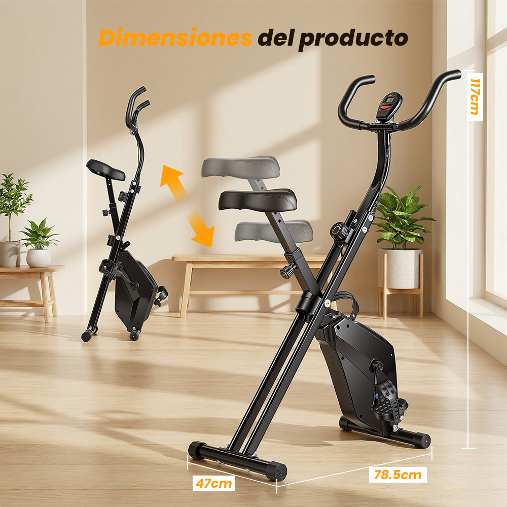 Una bicicleta estática plegable negra con indicadores de altura del asiento y dimensiones.