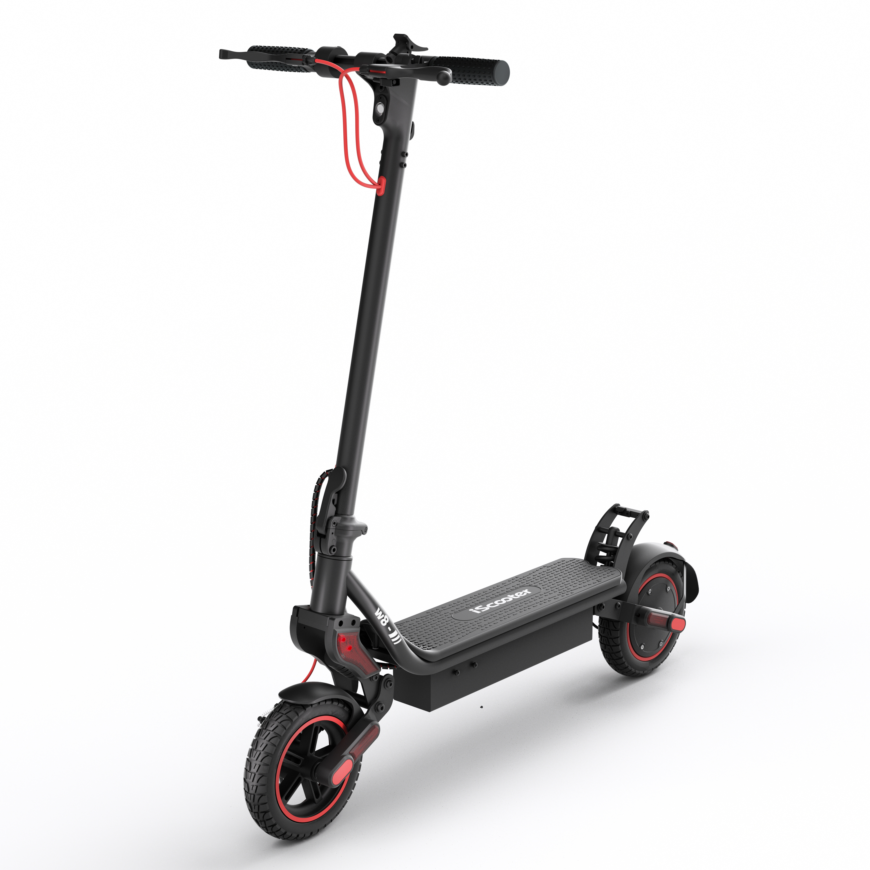 Uno scooter elettrico nero con accenti rossi su sfondo bianco.