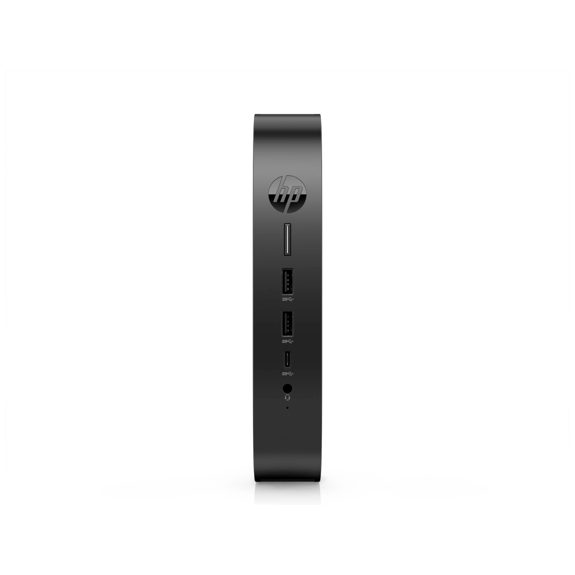 Mini PC HP nero con porte USB e logo HP.