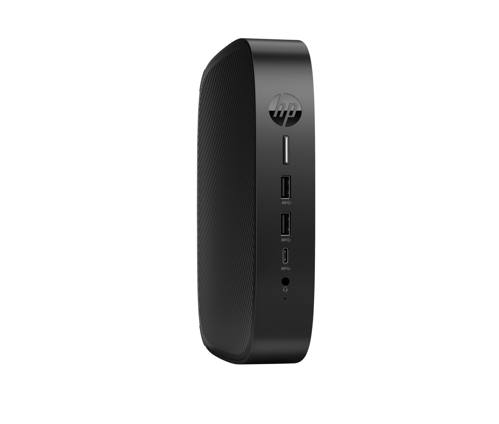 Un mini PC HP nero con porte frontali: pulsante di accensione, 2 USB-A, 1 USB-C, jack audio.