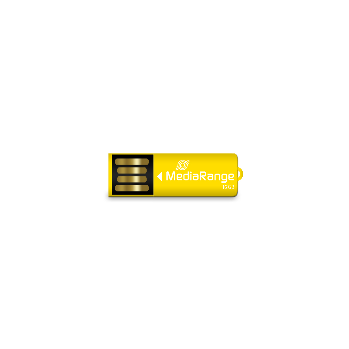 Ein gelber USB-Stick mit der Aufschrift "MediaRange 16 GB".