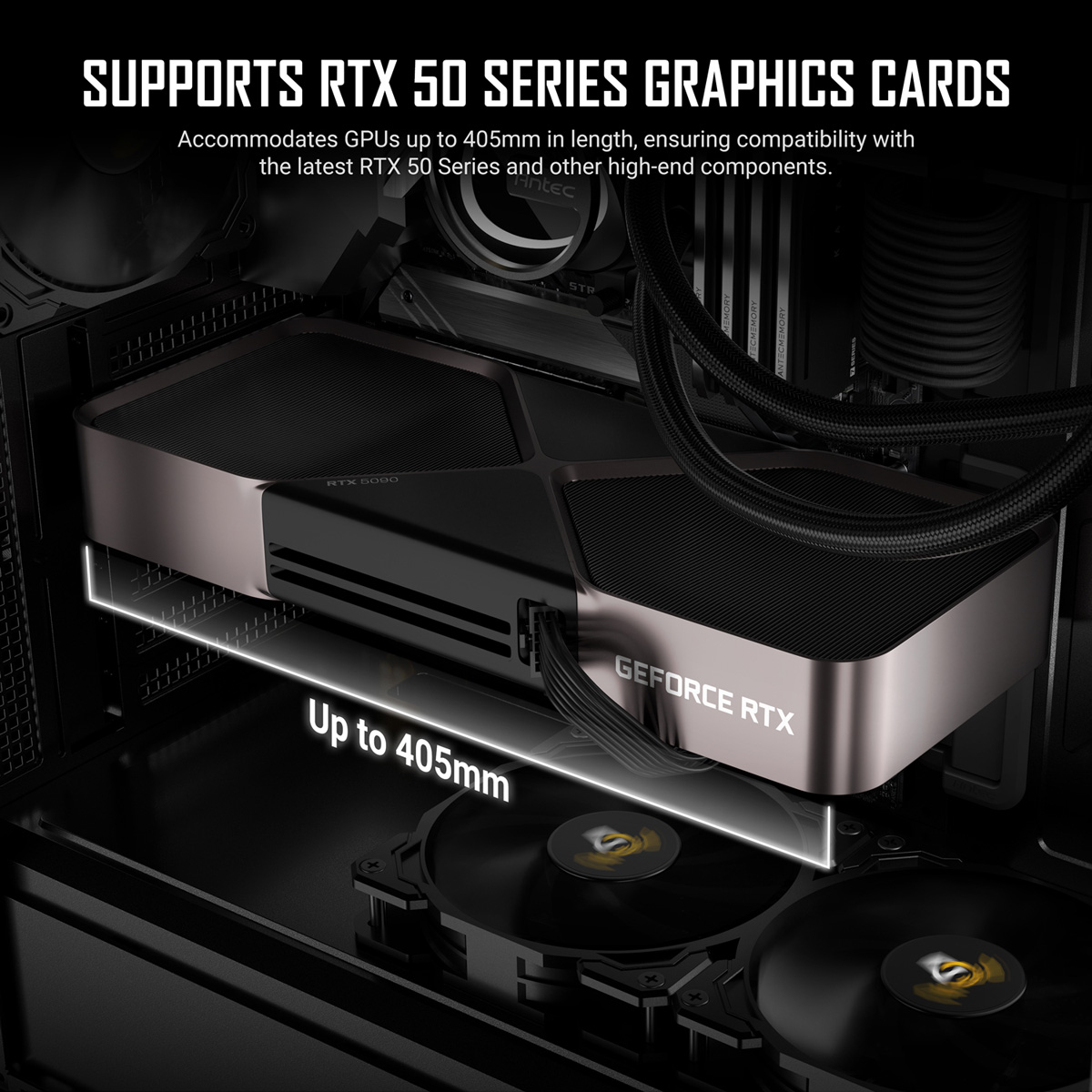 Caja de ordenador mostrando GPU RTX 5090 de hasta 405mm, con ventiladores.