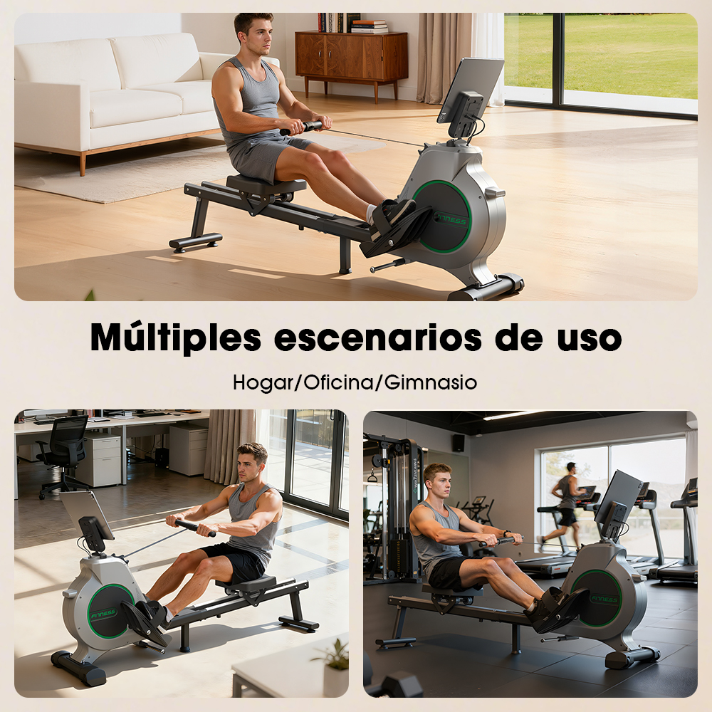 Hombre en máquina de remo en sala, oficina y gimnasio.