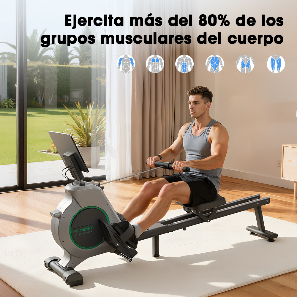 Hombre en máquina de remo, pantalla de frecuencia cardíaca, diagramas musculares.