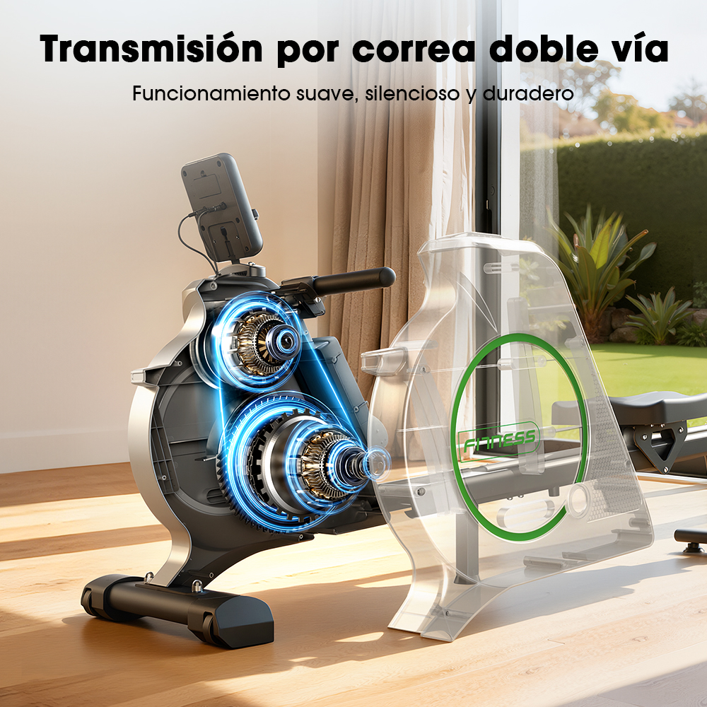 Máquina de ejercicio con transmisión interna de doble correa visible.