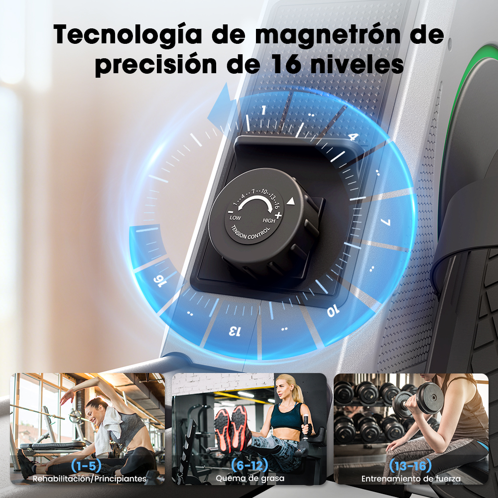 Un entrenador de bicicleta de resistencia magnética de 16 niveles con modos de rehabilitación, quema de grasa y fuerza.