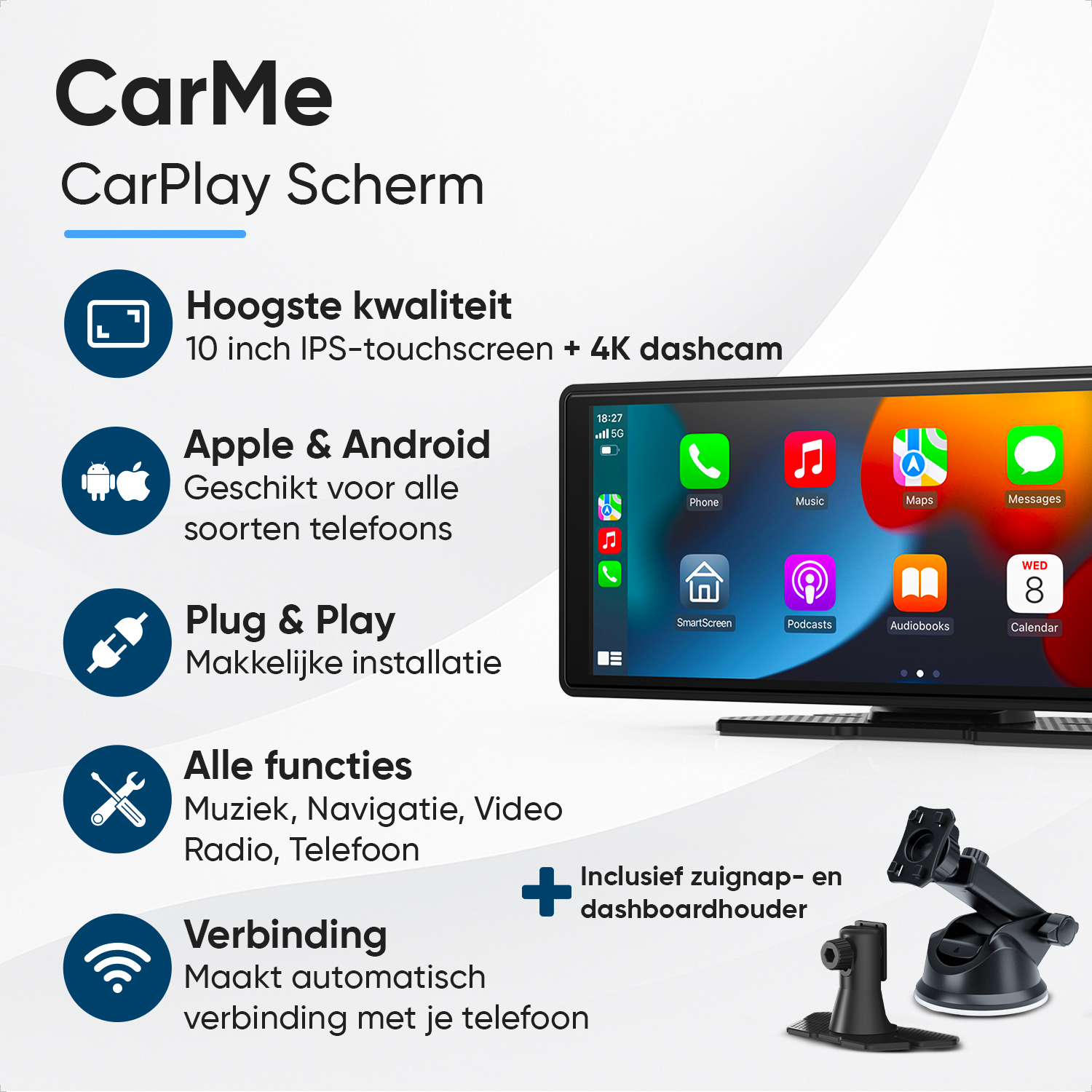 CarMe CarPlay Screen: 10-inch IPS, Apple/Android, Plug & Play, features, connectivity, includes mounts.