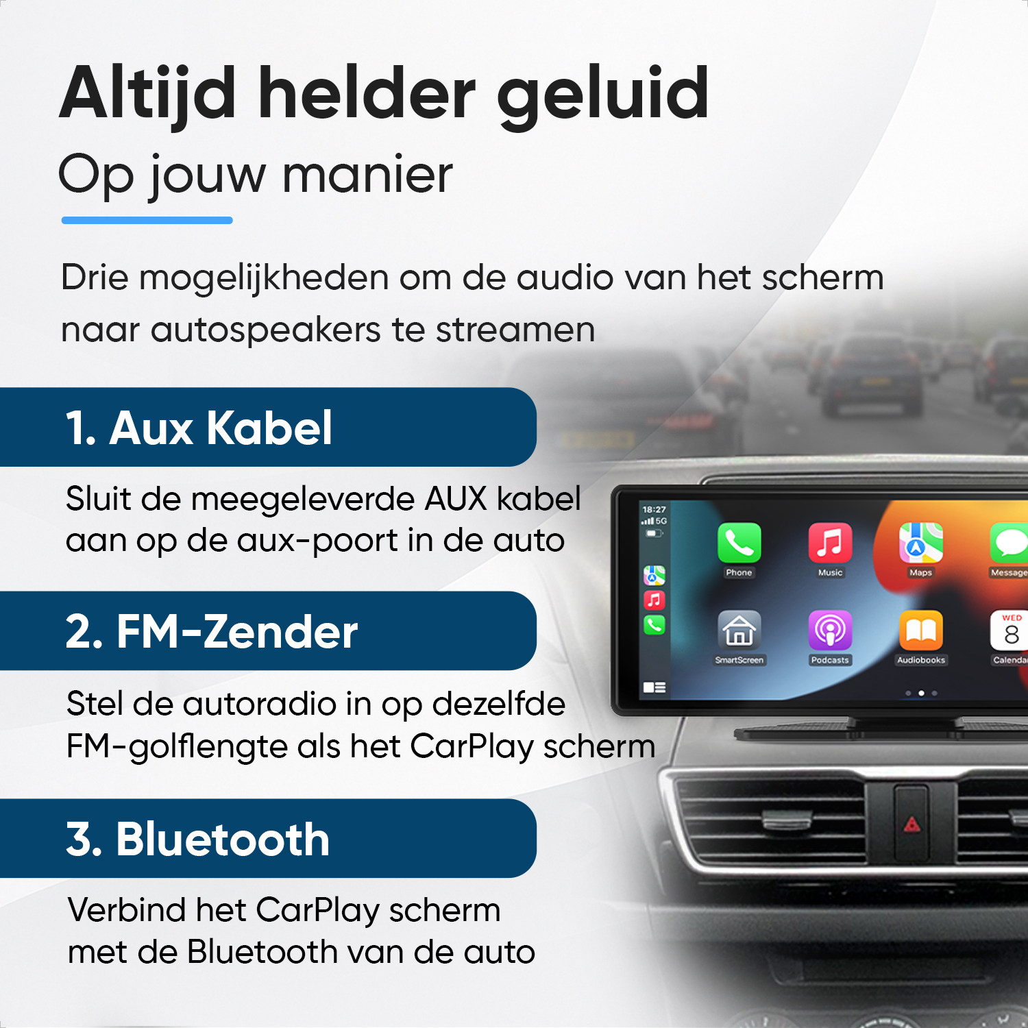 Car stereo screen showing options for AUX, FM transmitter, and Bluetooth.